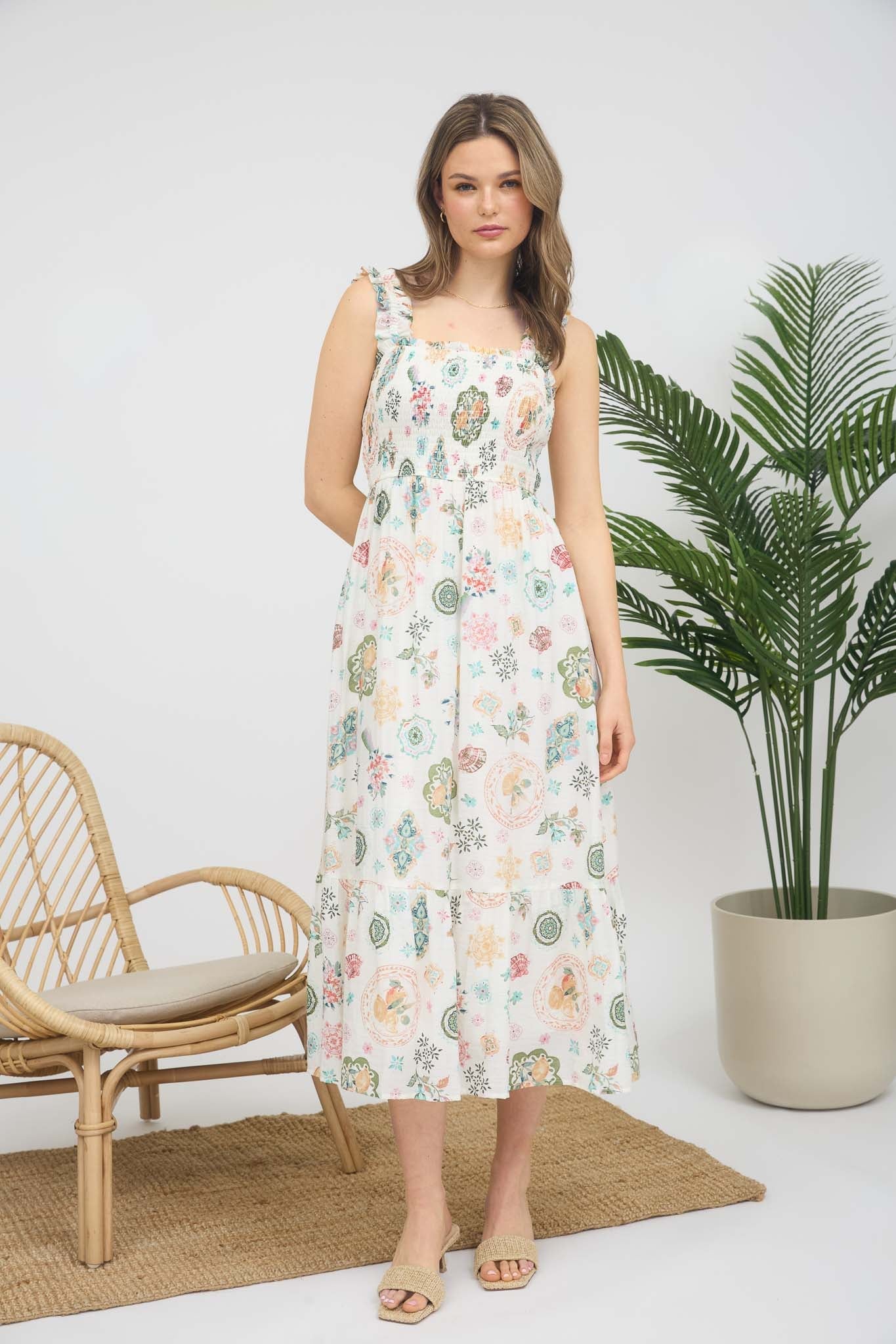 1023 Summer Fruit Print Midi Dress