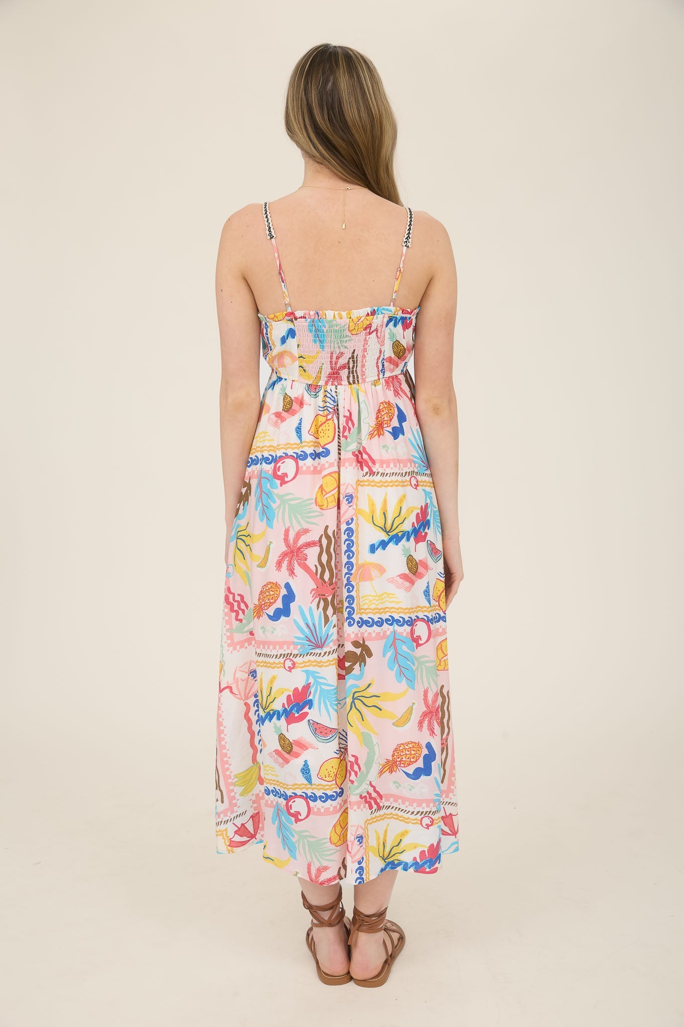 1040 Tropical Print Braid Trim Midi Dress