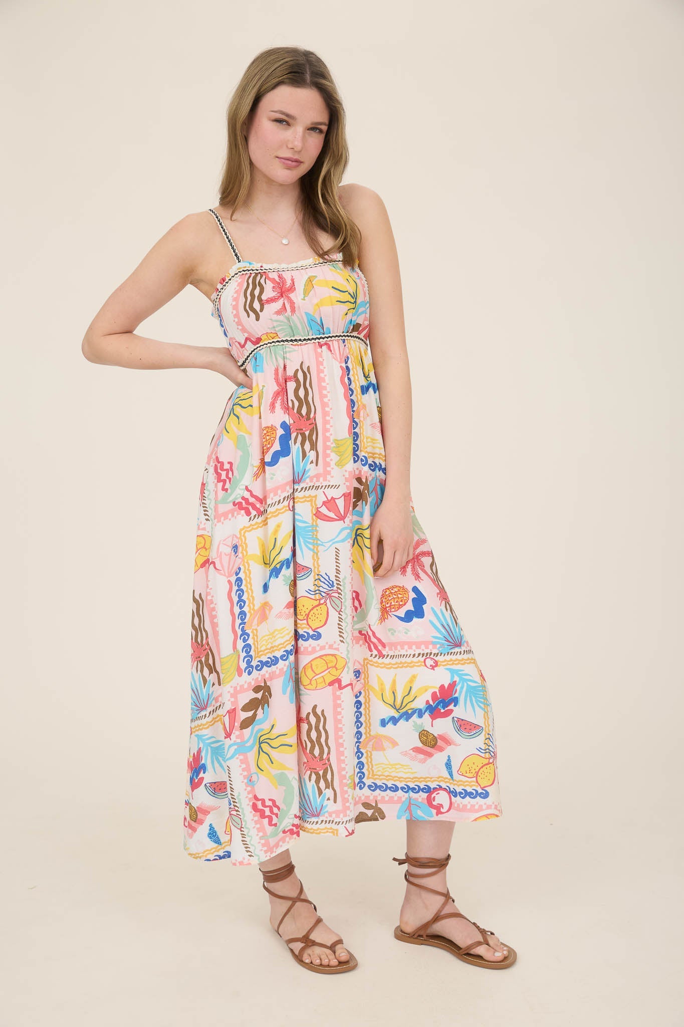 1040 Tropical Print Braid Trim Midi Dress
