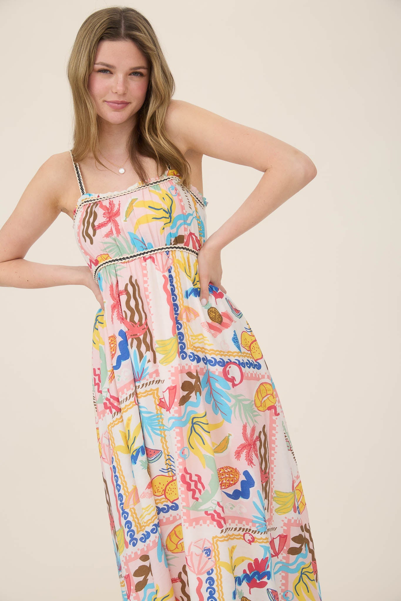1040 Tropical Print Braid Trim Midi Dress