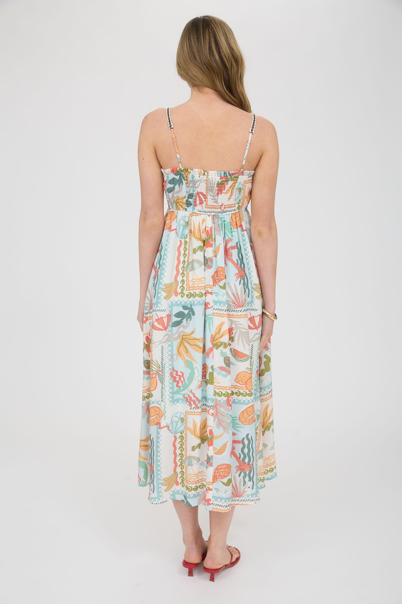 1040 Tropical Print Braid Trim Midi Dress