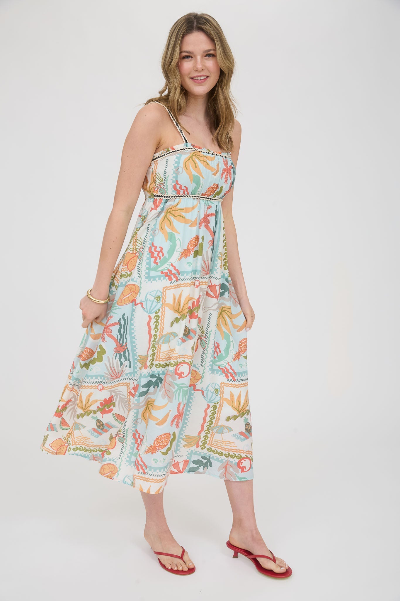 1040 Tropical Print Braid Trim Midi Dress
