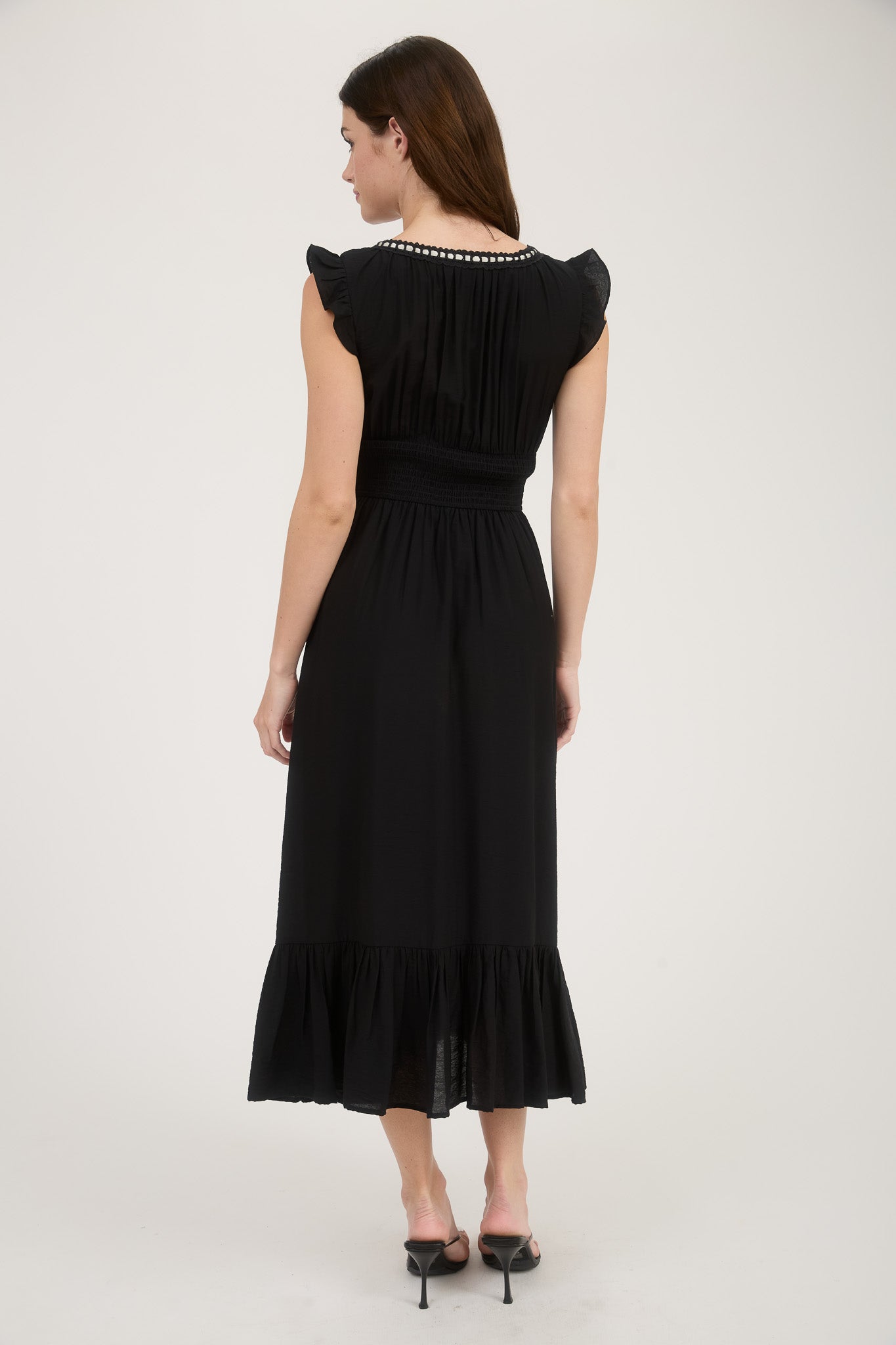 1016 Corset Contrast Ribbon Tie Ruffle Midi Dress