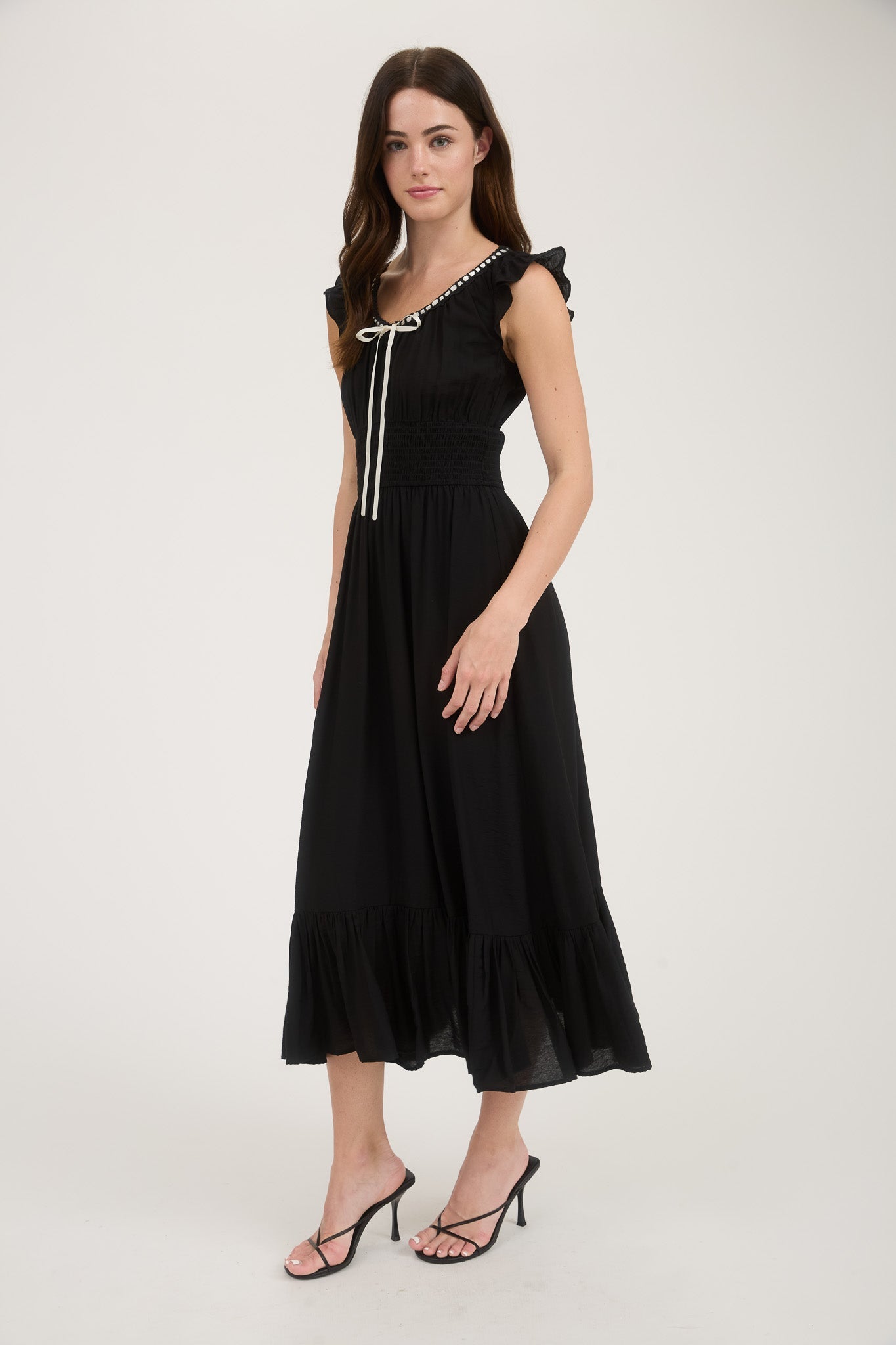 1016 Corset Contrast Ribbon Tie Ruffle Midi Dress