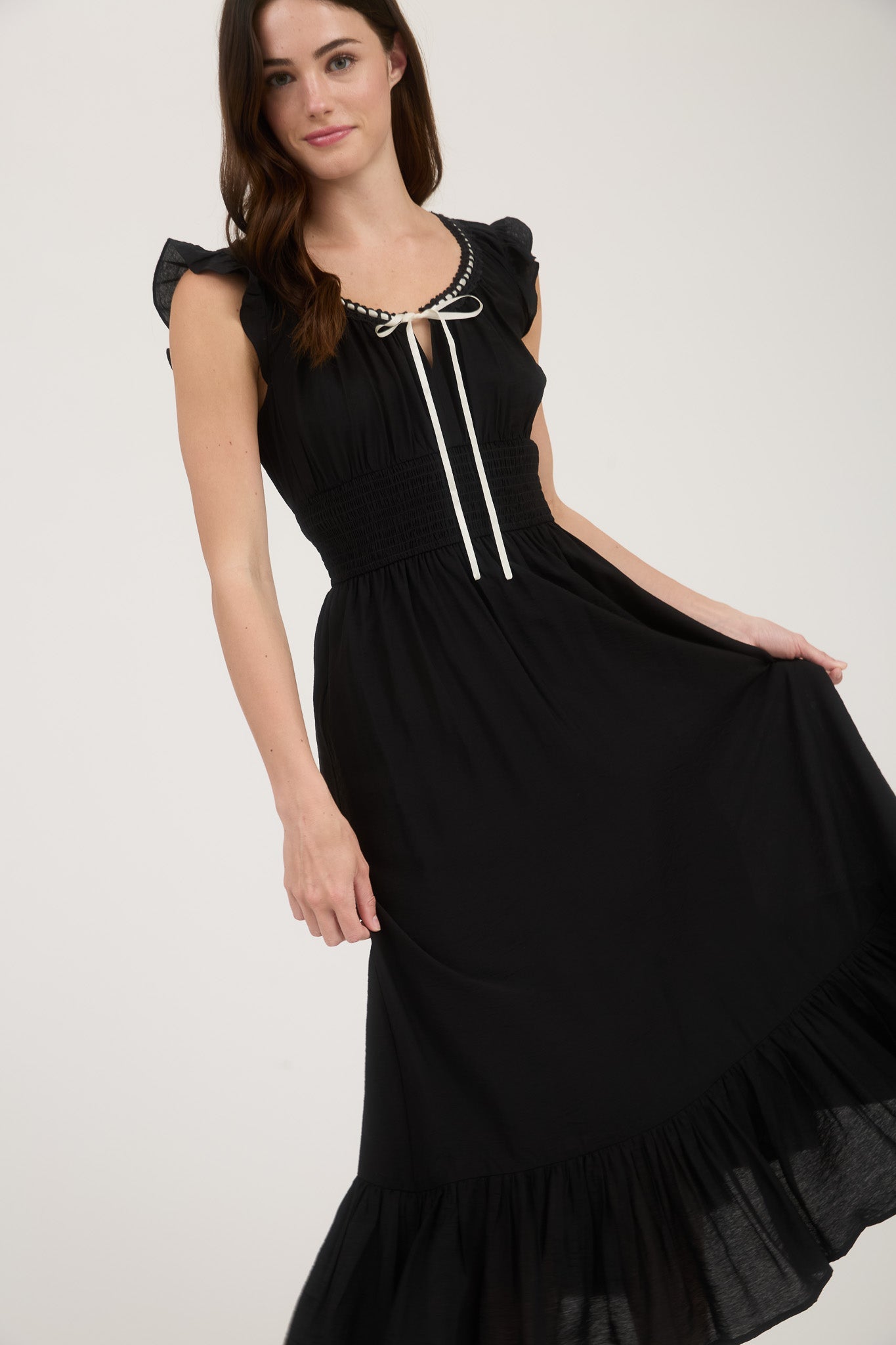 1016 Corset Contrast Ribbon Tie Ruffle Midi Dress
