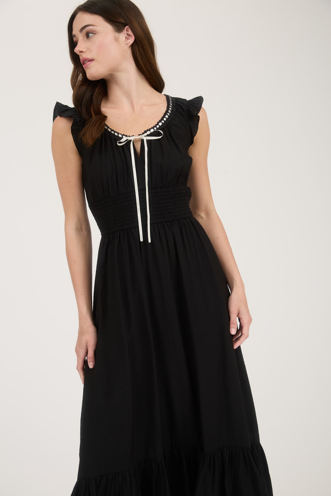 1016 Corset Contrast Ribbon Tie Ruffle Midi Dress