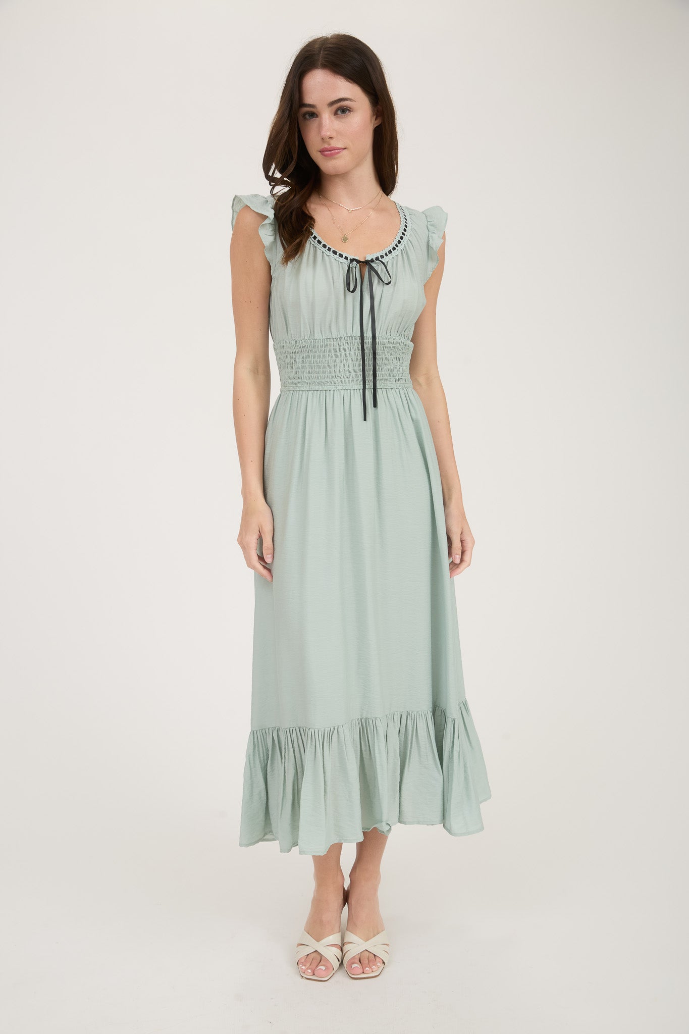 1016 Corset Contrast Ribbon Tie Ruffle Midi Dress