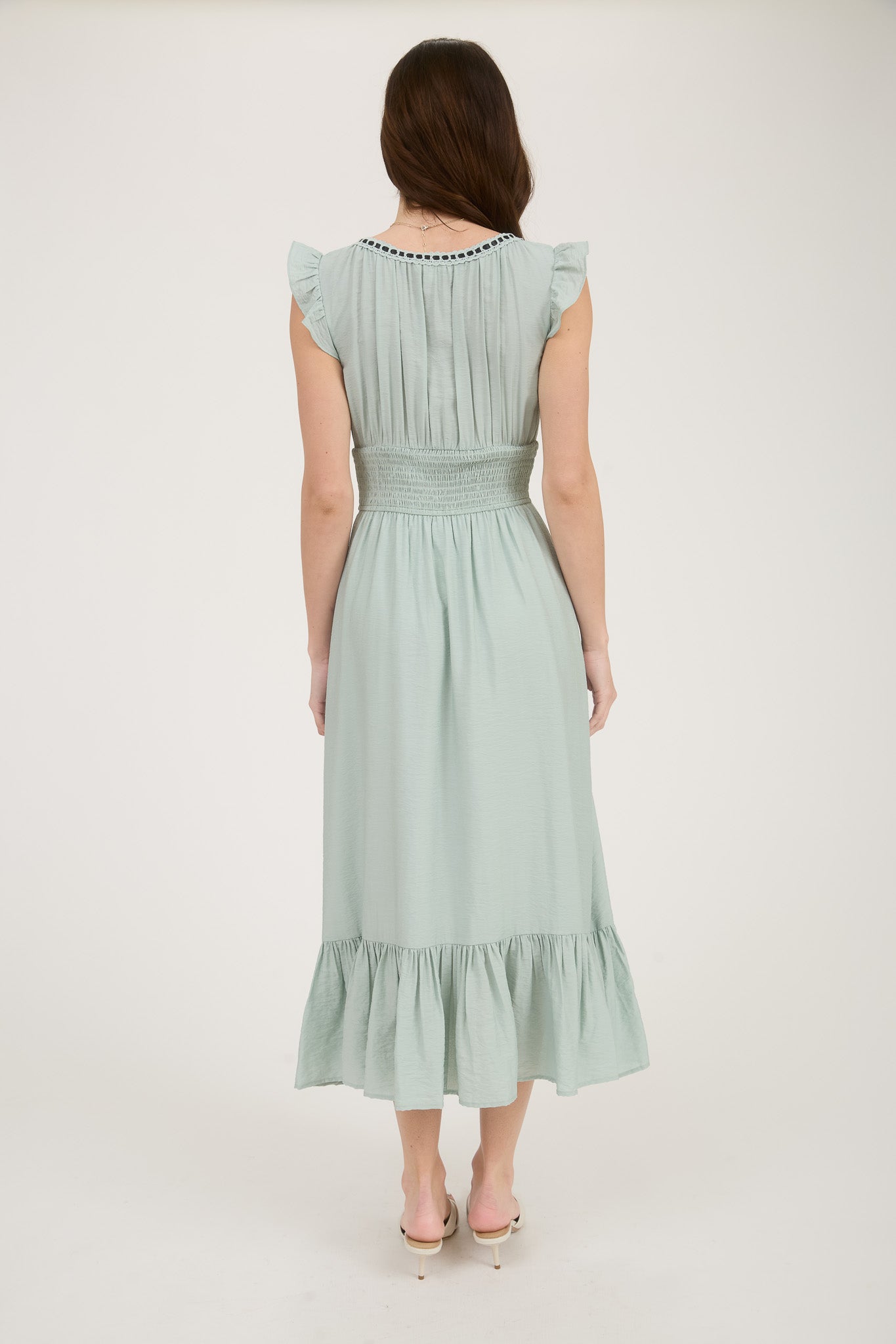 1016 Corset Contrast Ribbon Tie Ruffle Midi Dress