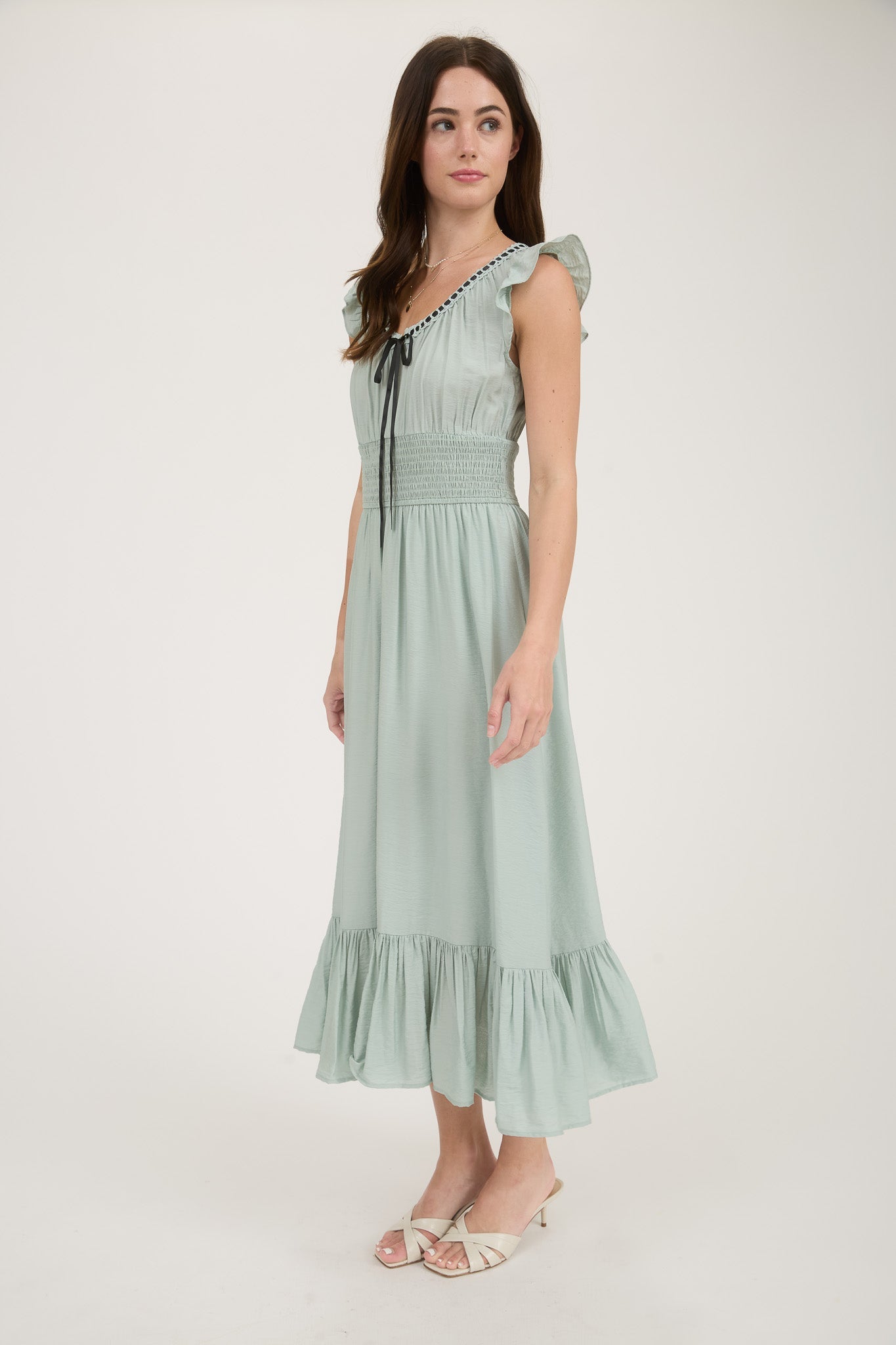 1016 Corset Contrast Ribbon Tie Ruffle Midi Dress