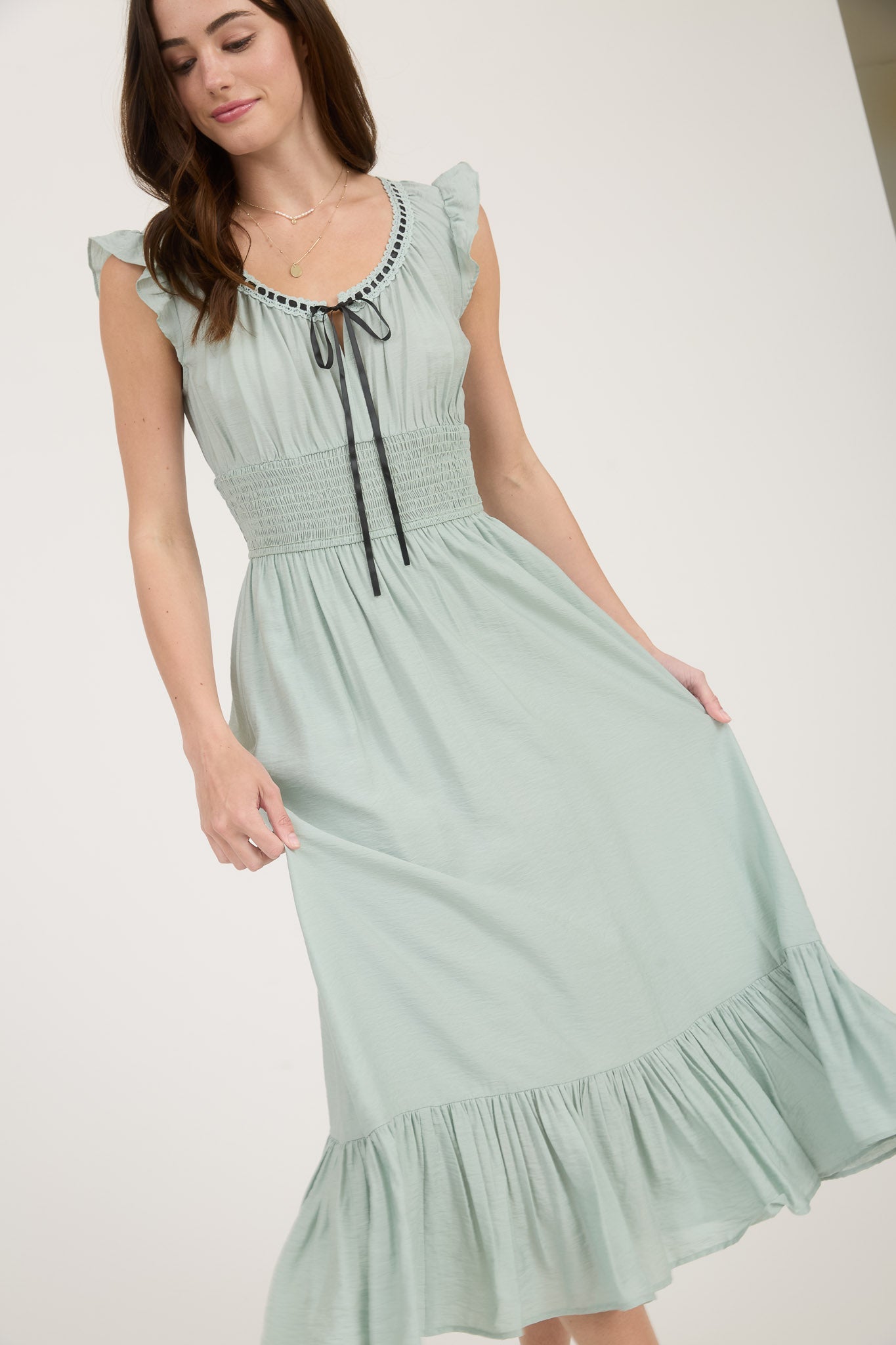 1016 Corset Contrast Ribbon Tie Ruffle Midi Dress