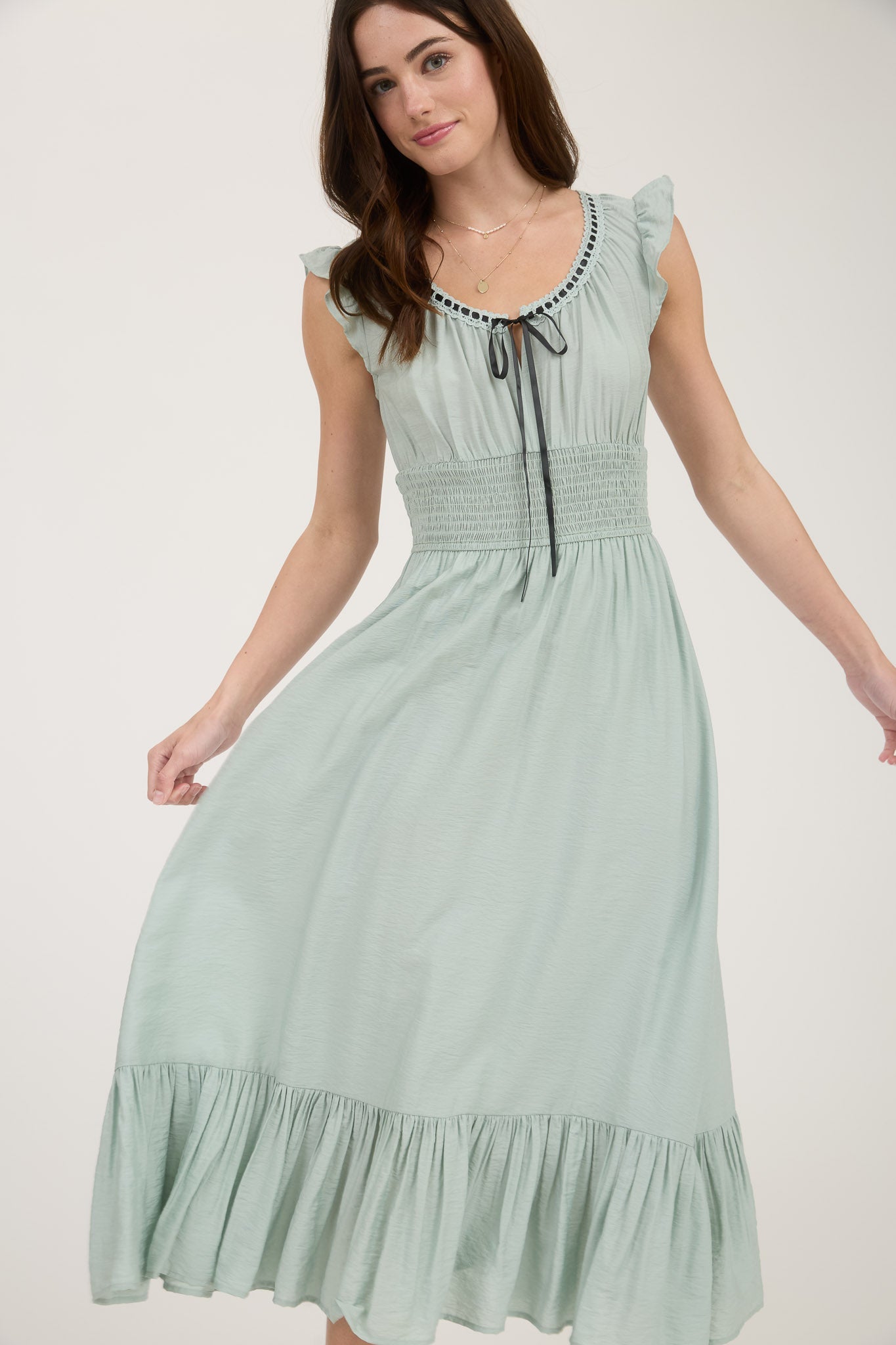 1016 Corset Contrast Ribbon Tie Ruffle Midi Dress