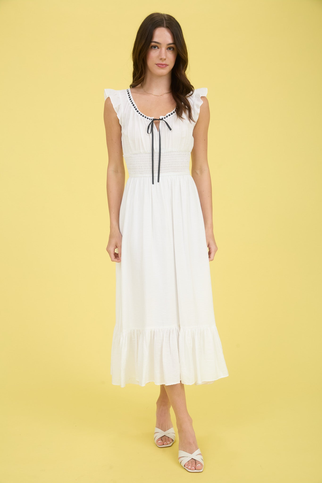 1016 Corset Contrast Ribbon Tie Ruffle Midi Dress