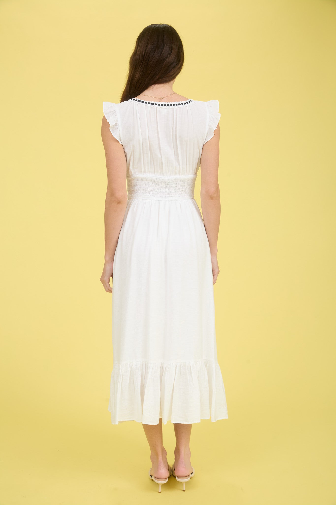 1016 Corset Contrast Ribbon Tie Ruffle Midi Dress