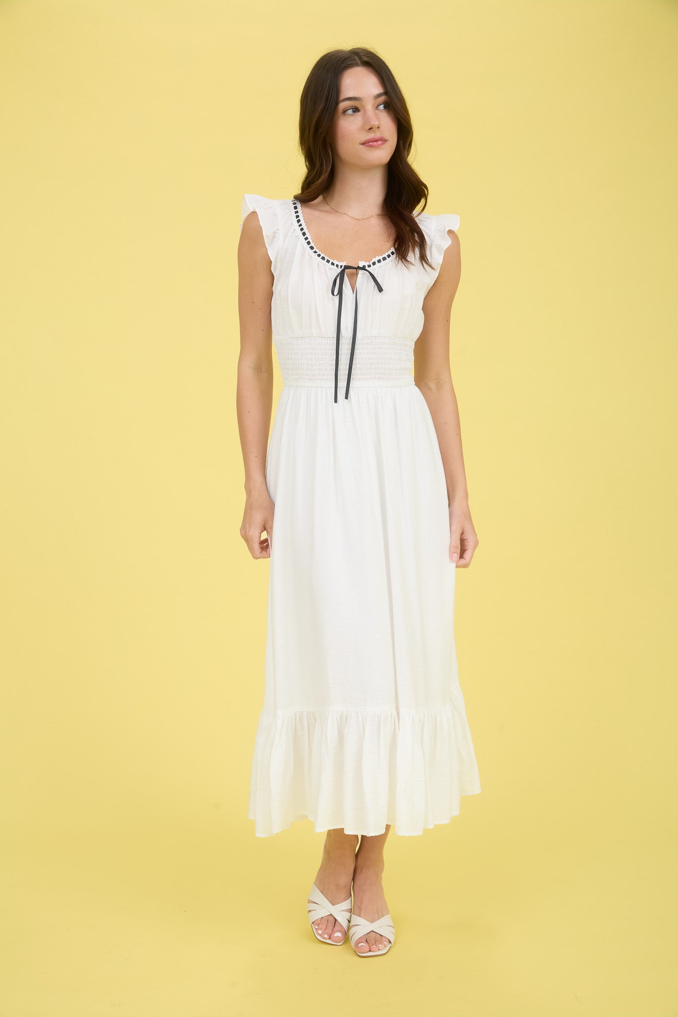 1016 Corset Contrast Ribbon Tie Ruffle Midi Dress
