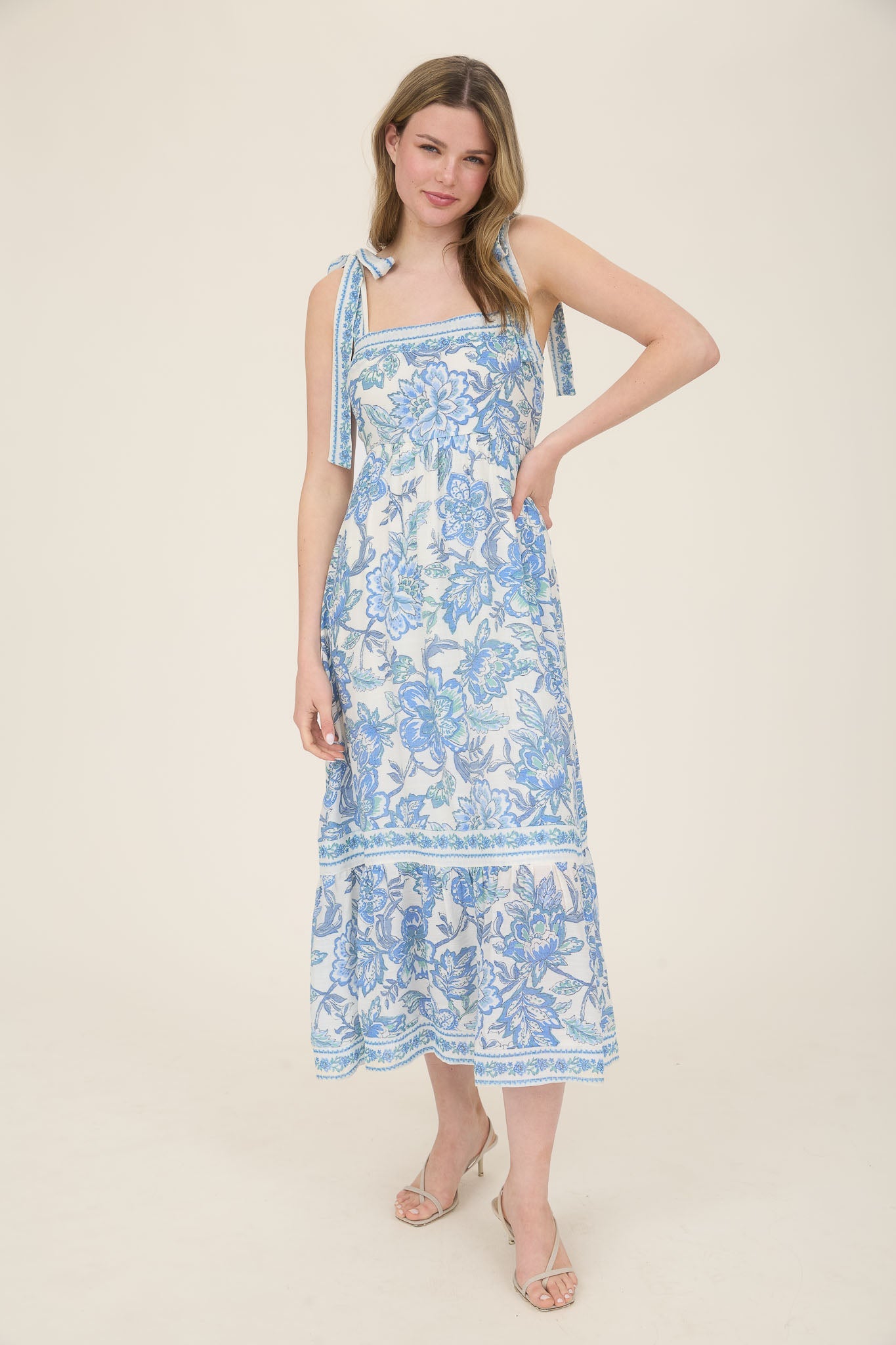 1027 Floral Tie Strap Midi Dress