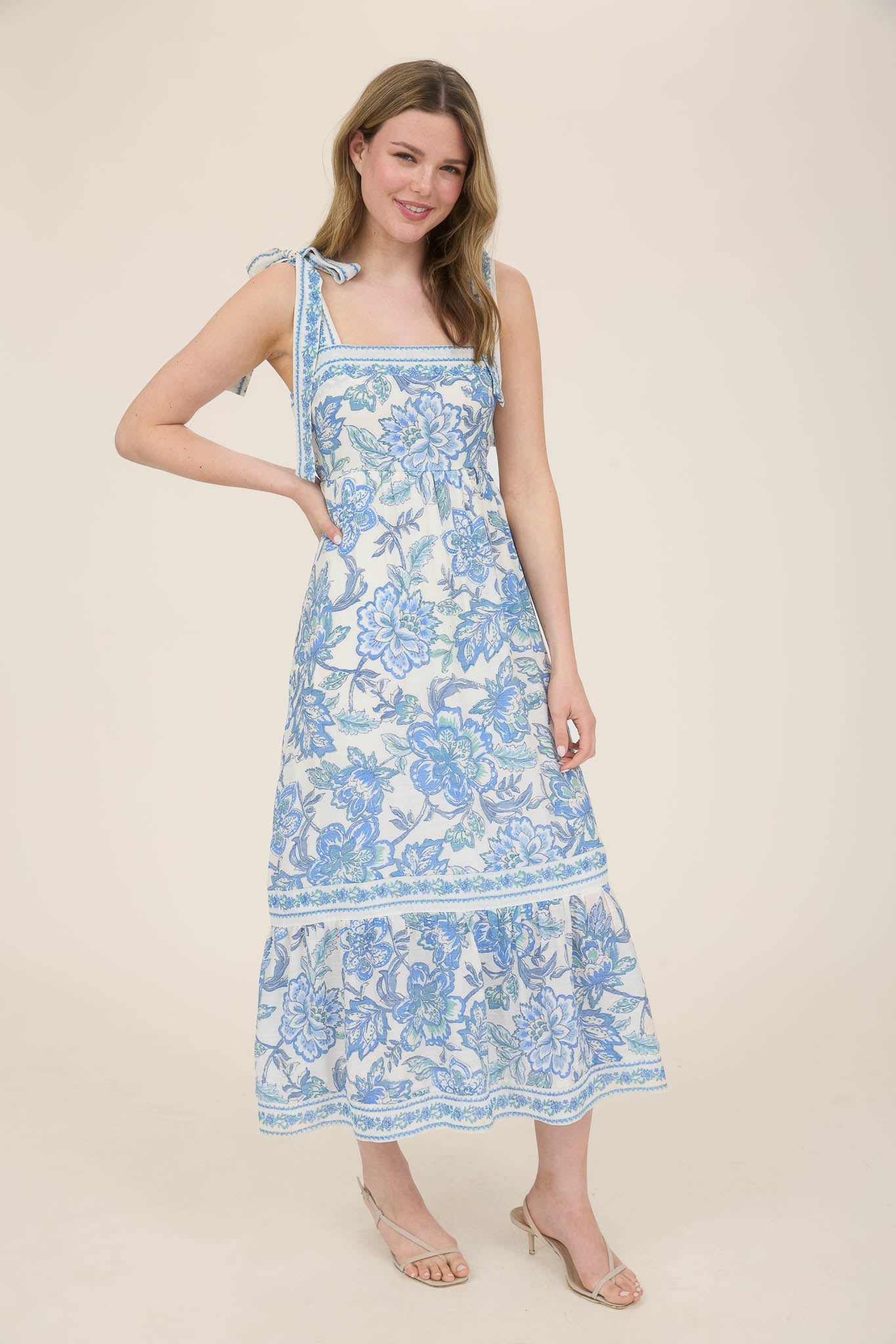 1027 Floral Tie Strap Midi Dress