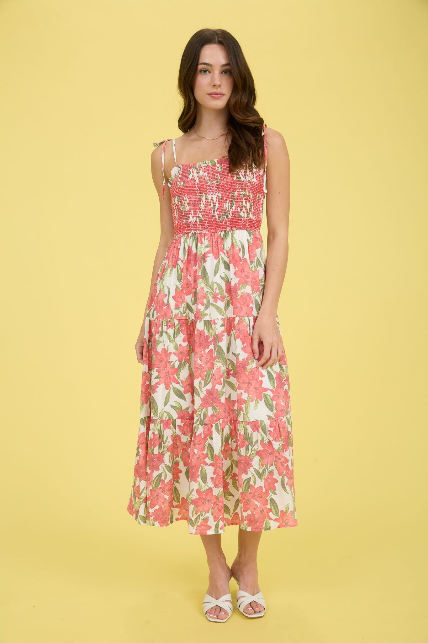 Floral Smocked Spaghetti Tie Midi Dress