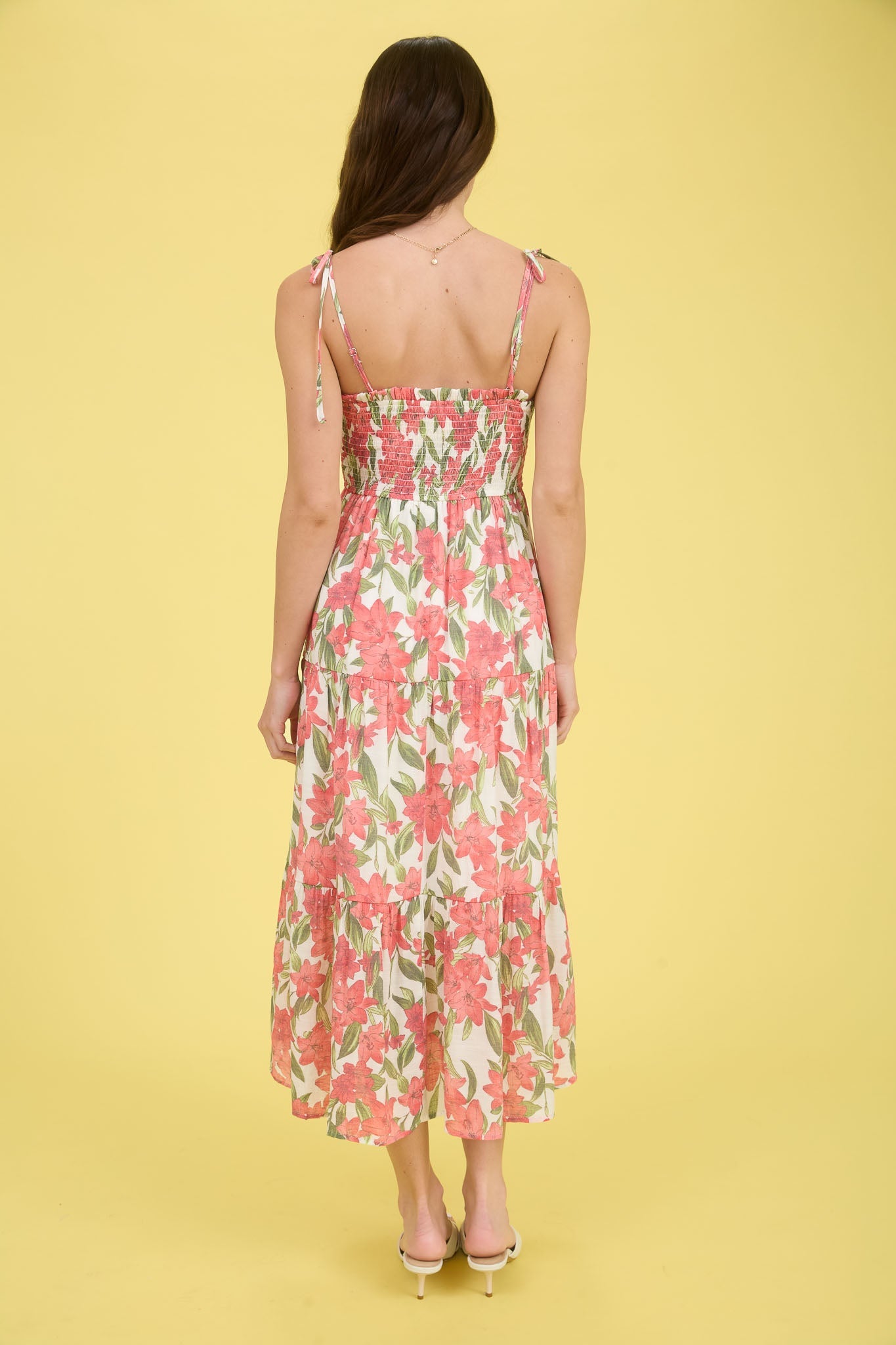 Floral Smocked Spaghetti Tie Midi Dress