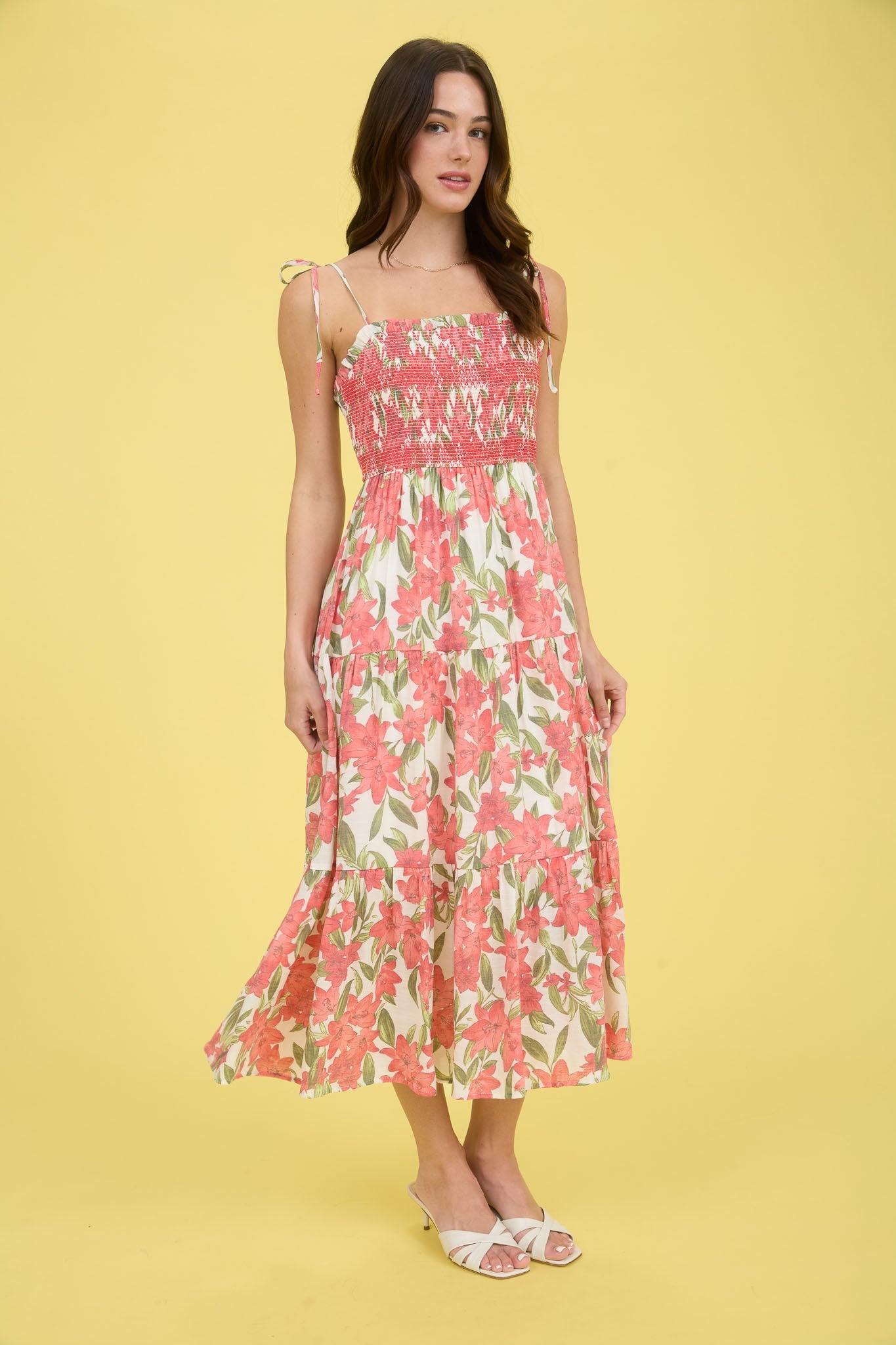 Floral Smocked Spaghetti Tie Midi Dress