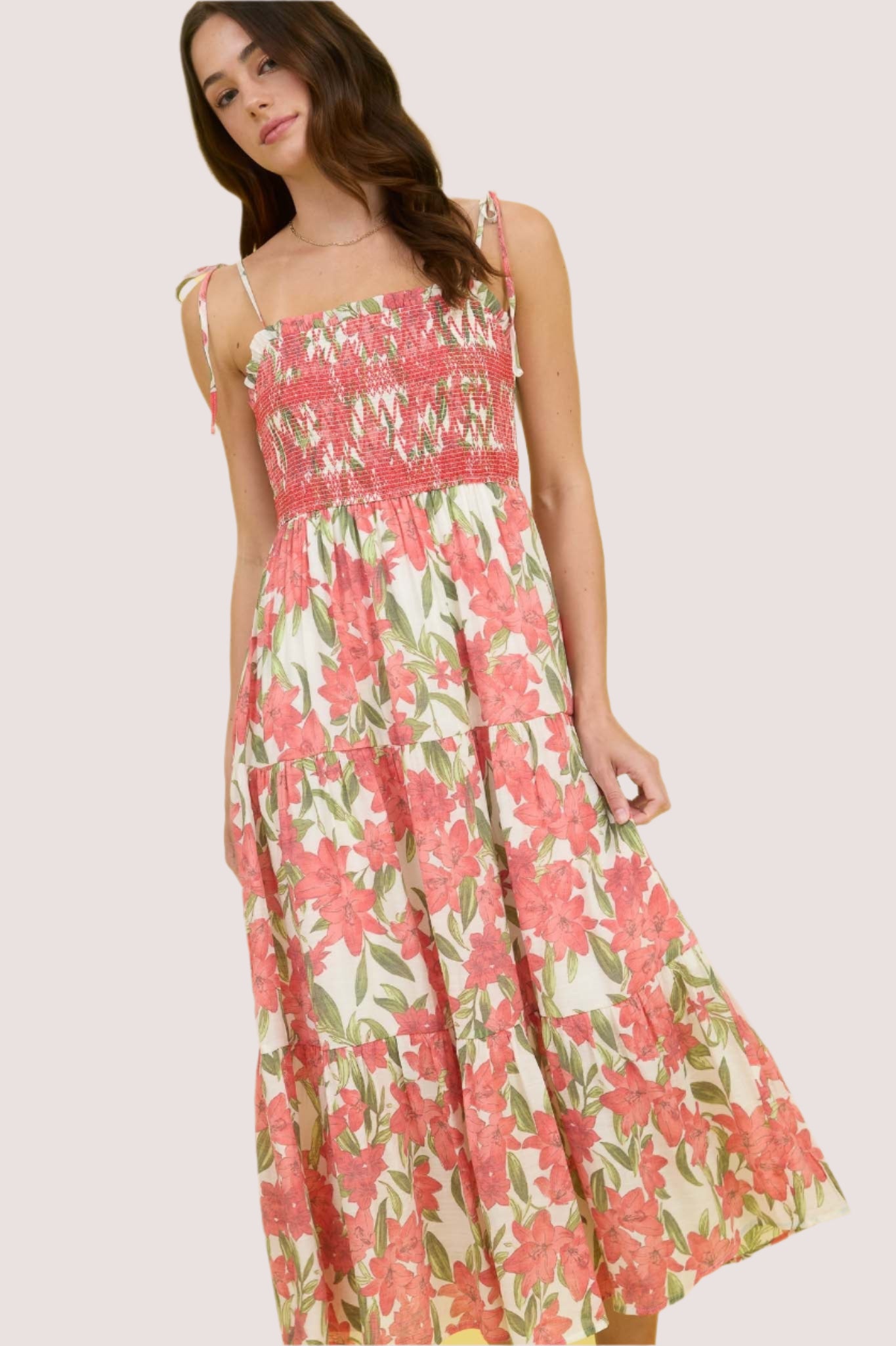 Floral Smocked Spaghetti Tie Midi Dress