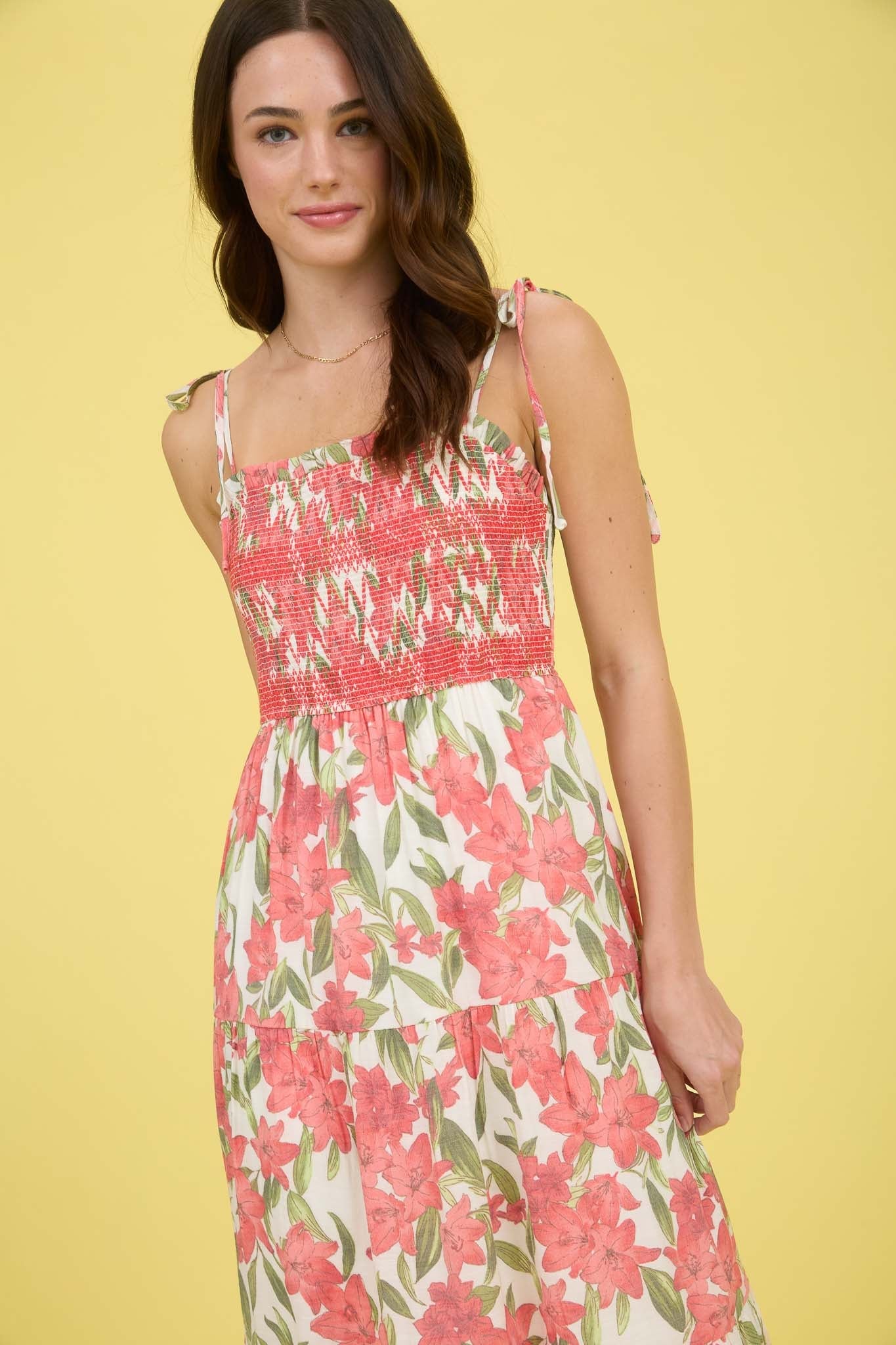 Floral Smocked Spaghetti Tie Midi Dress