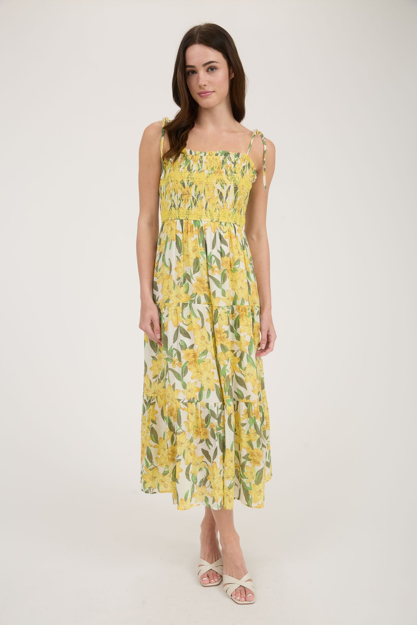 Floral Smocked Spaghetti Tie Midi Dress