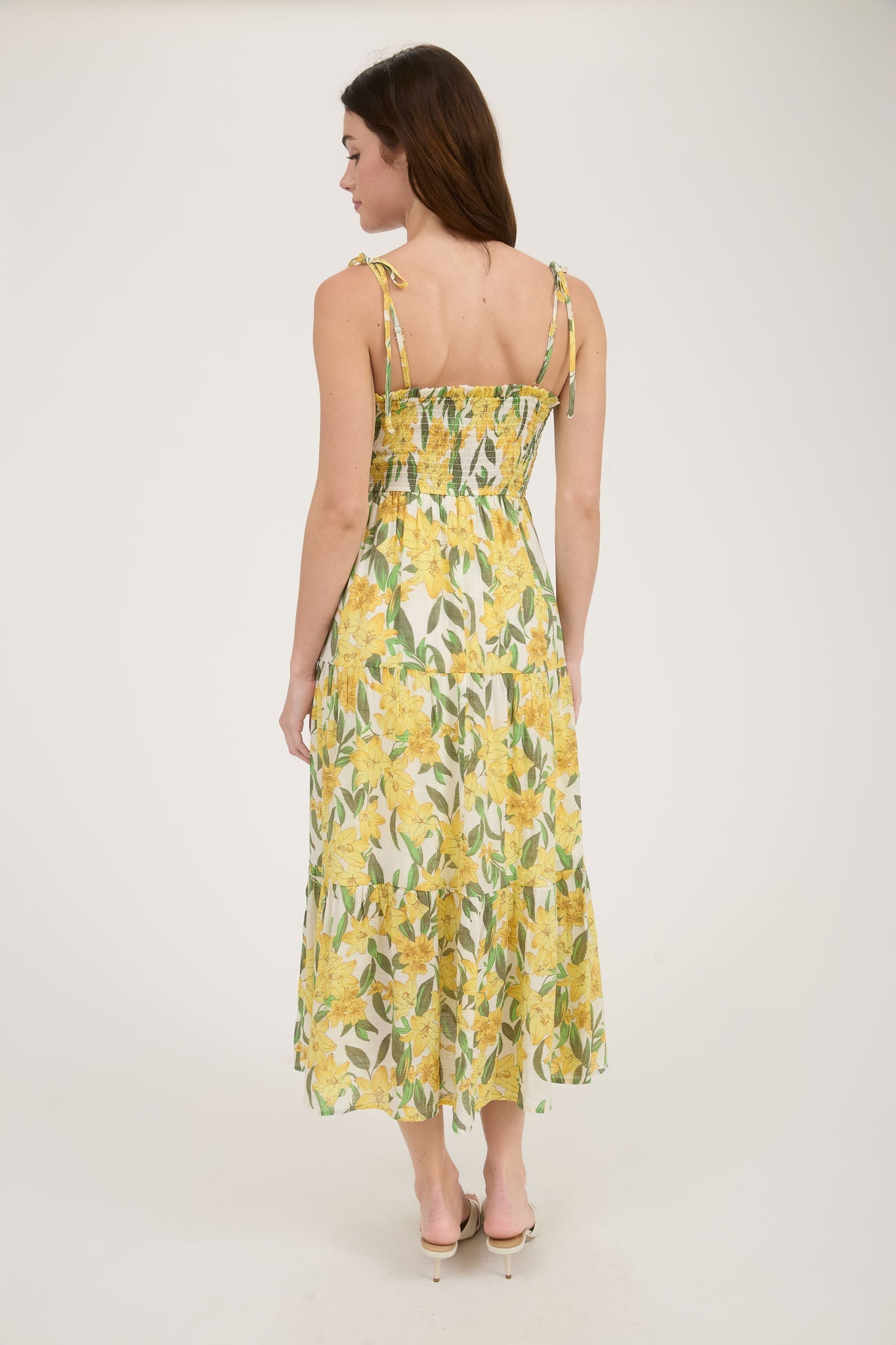 Floral Smocked Spaghetti Tie Midi Dress