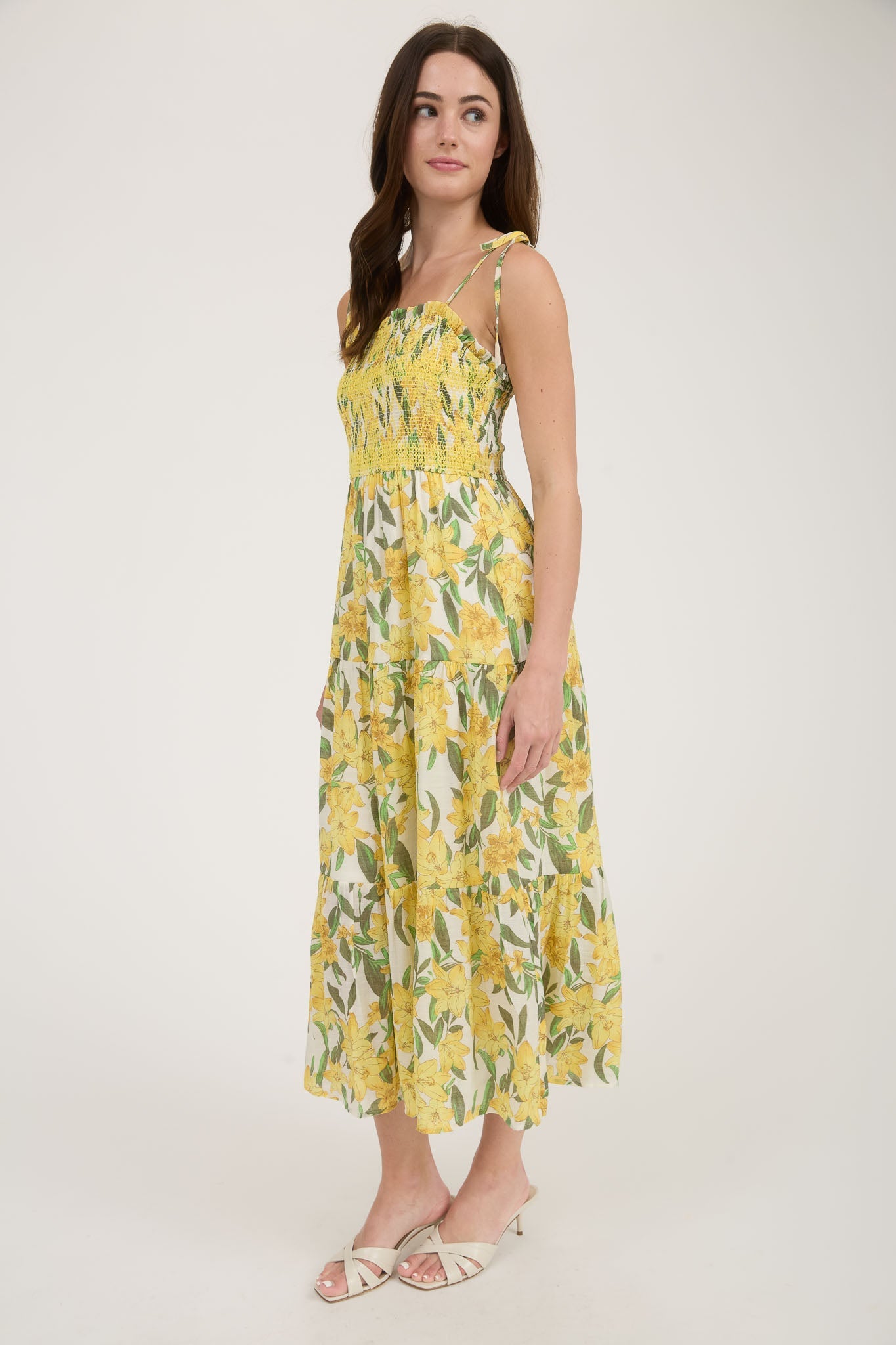 Floral Smocked Spaghetti Tie Midi Dress