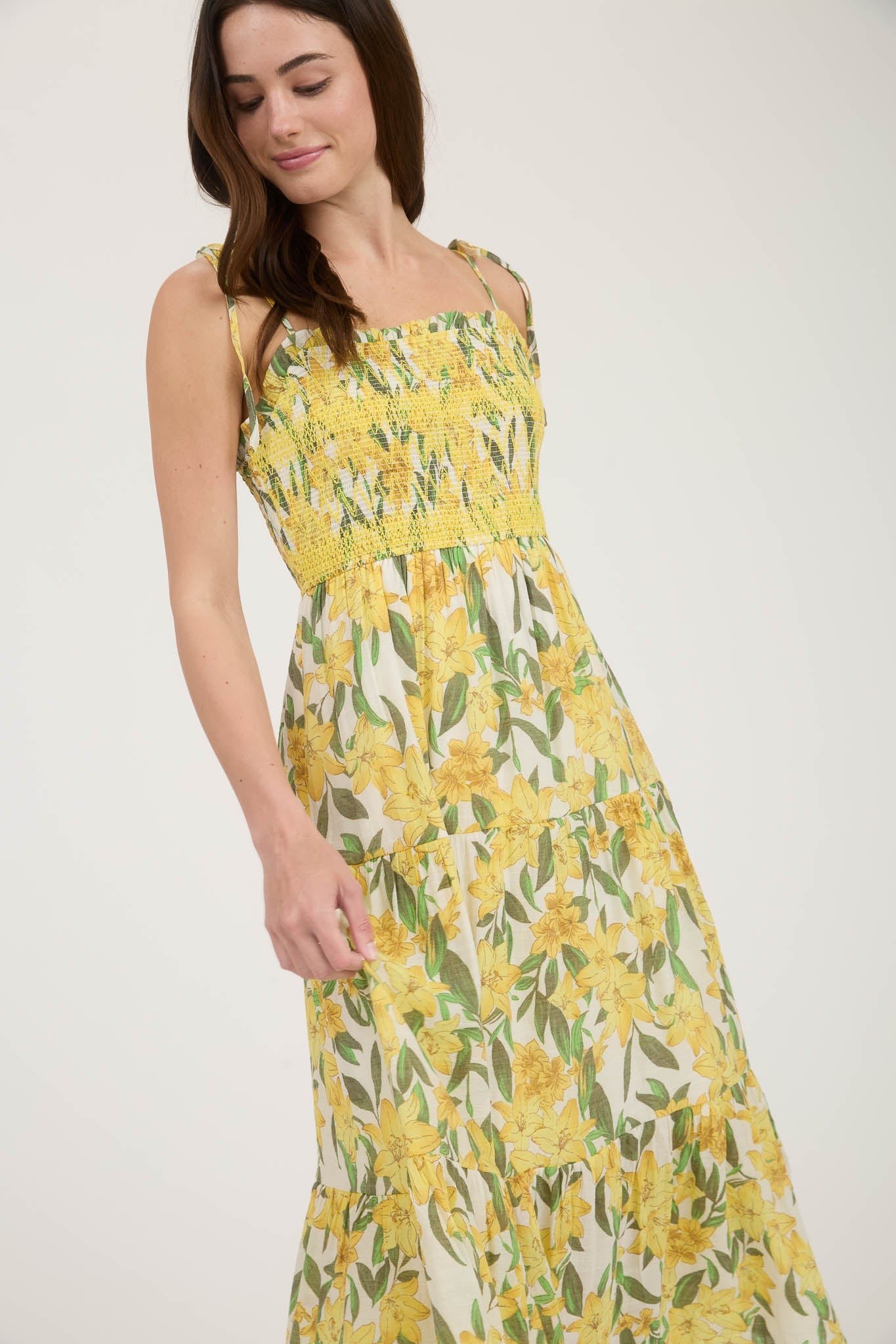 Floral Smocked Spaghetti Tie Midi Dress