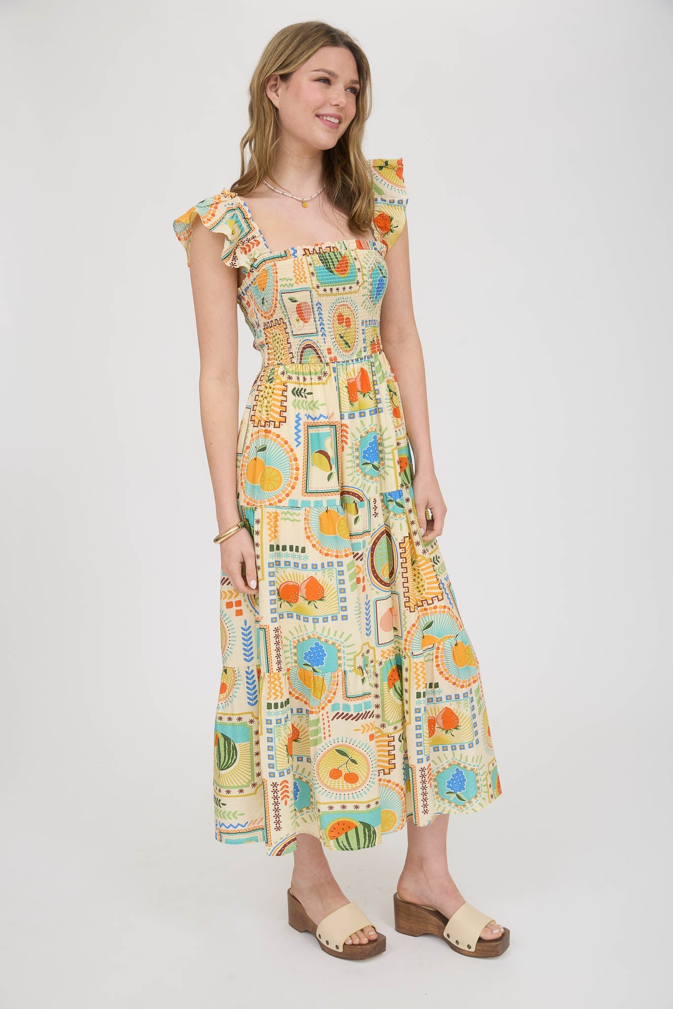 1000 Summer Fruit Print Midi Dress