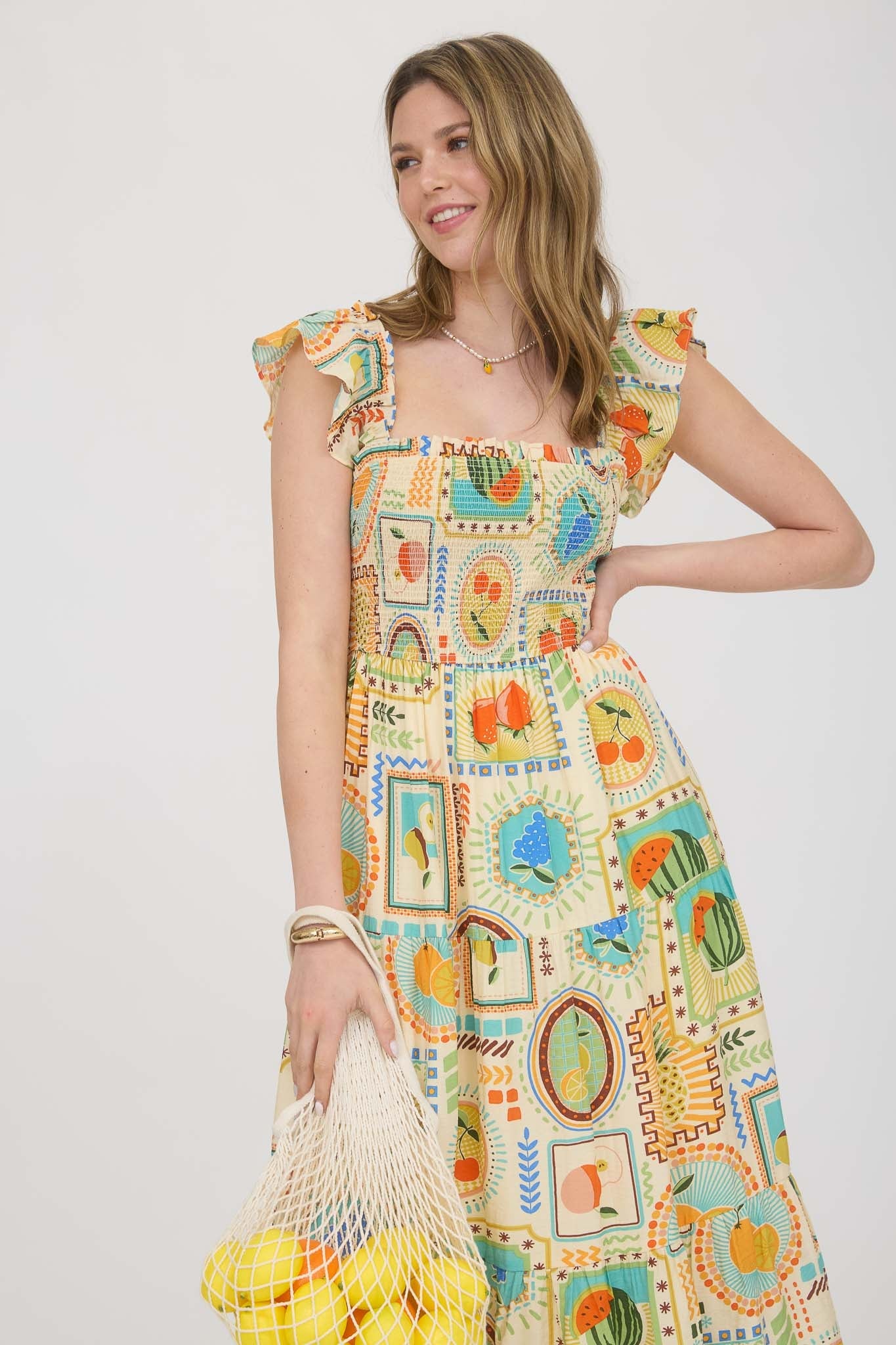 1000 Summer Fruit Print Midi Dress