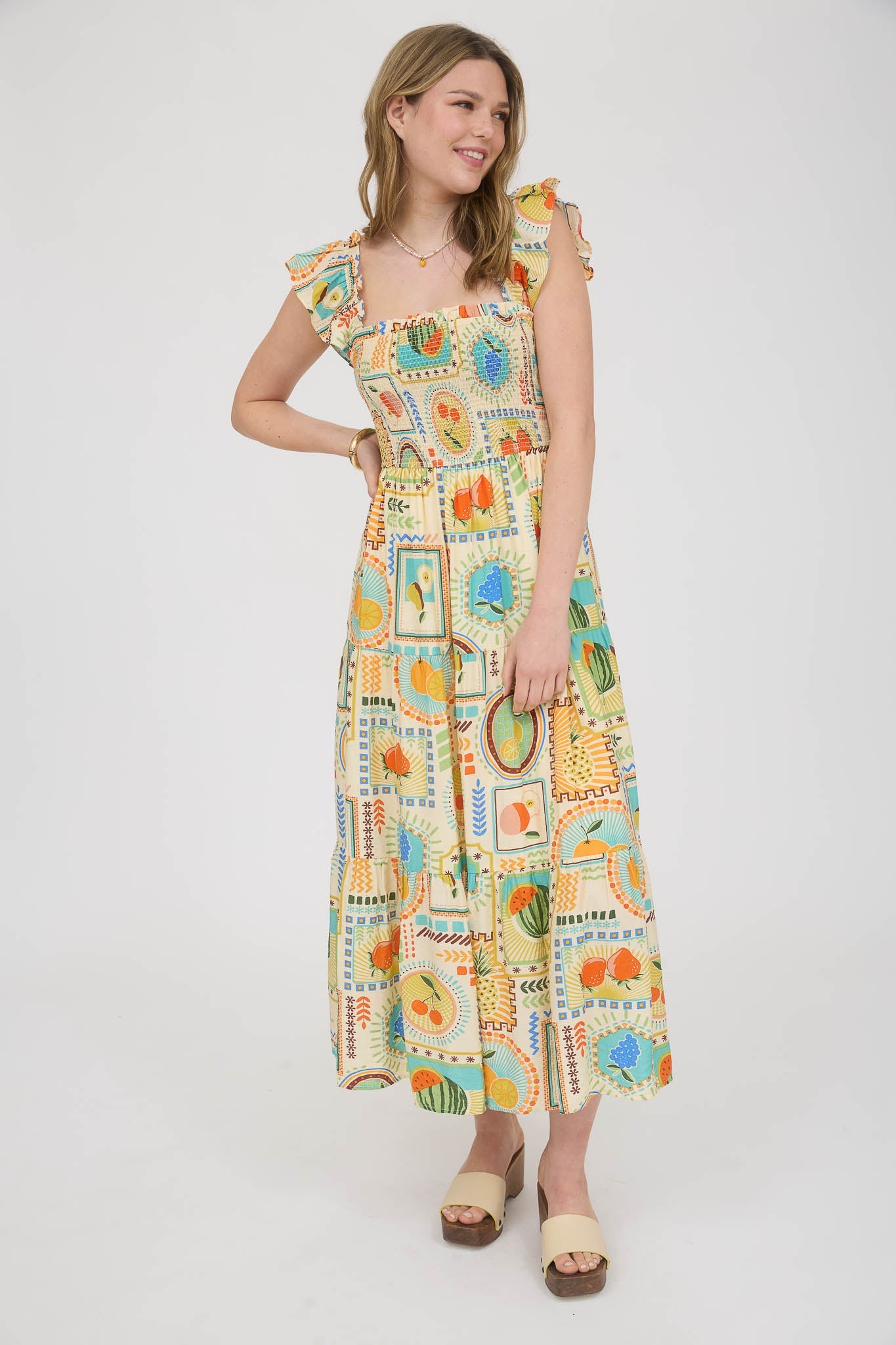 1000 Summer Fruit Print Midi Dress