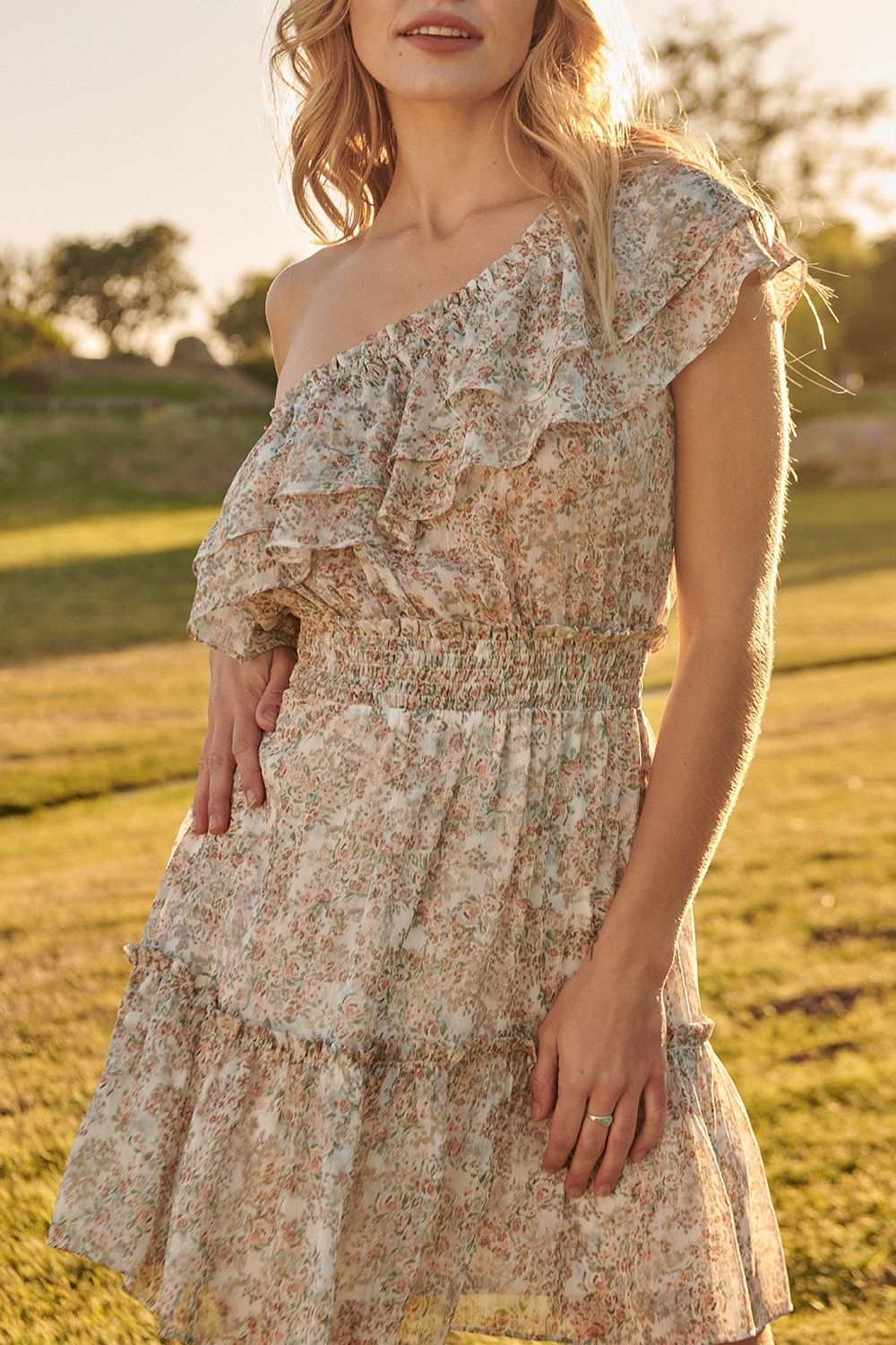 One Shoulder Floral Print Mini Dress