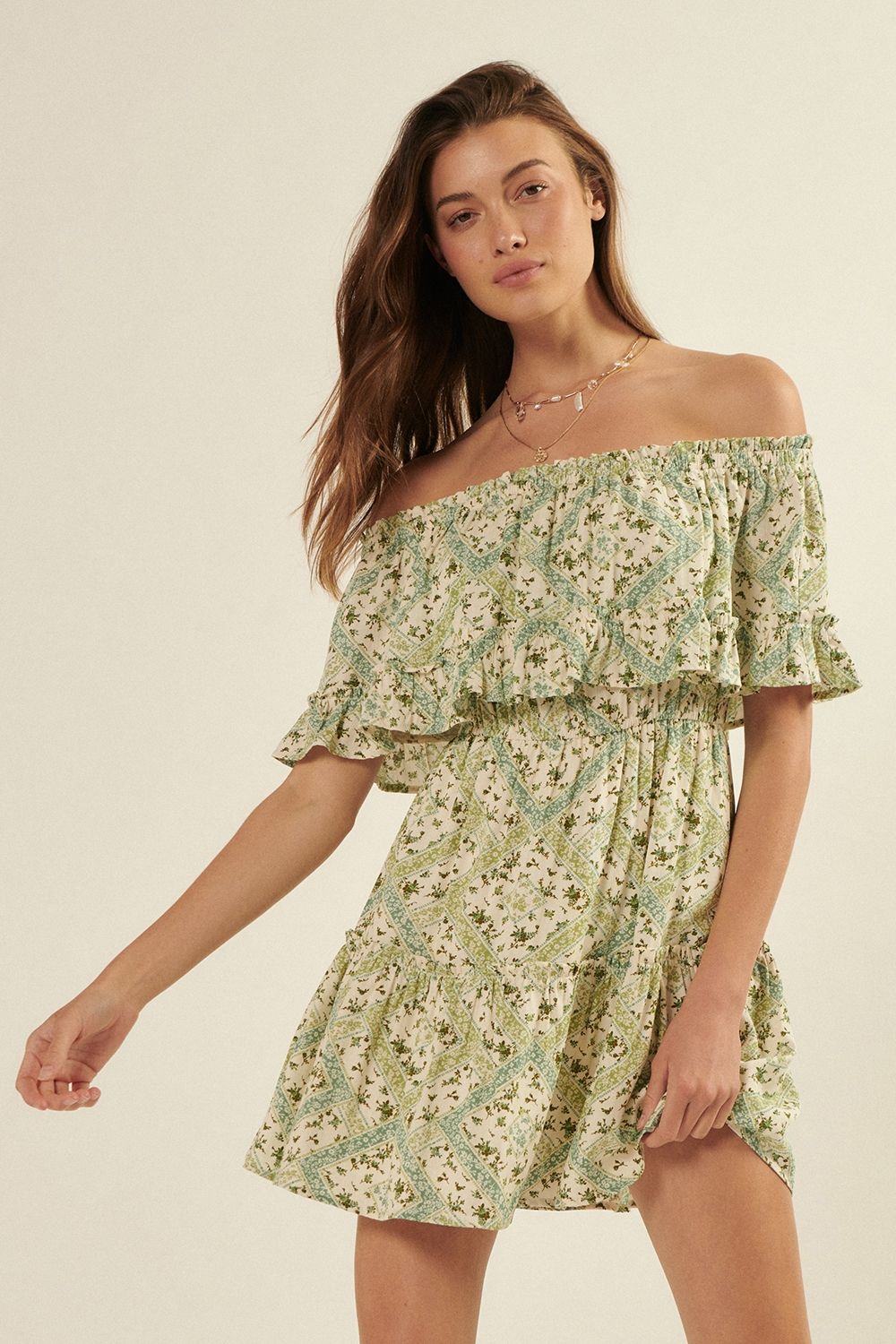 1000 Off the Shoulder Flounce Mini Dress