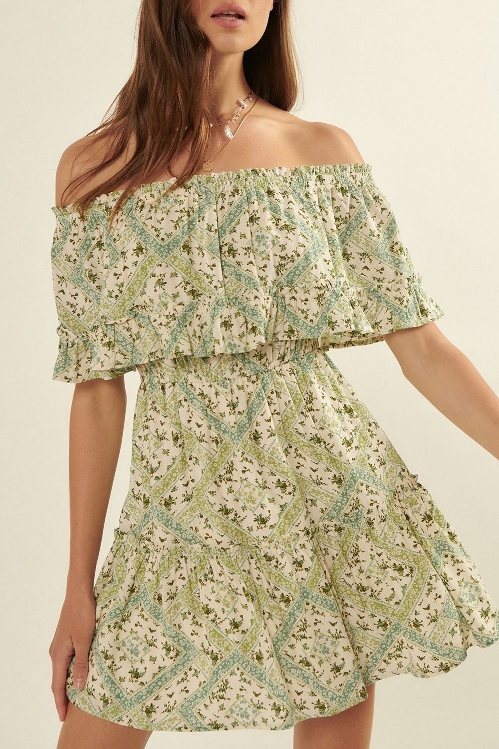 1000 Off the Shoulder Flounce Mini Dress