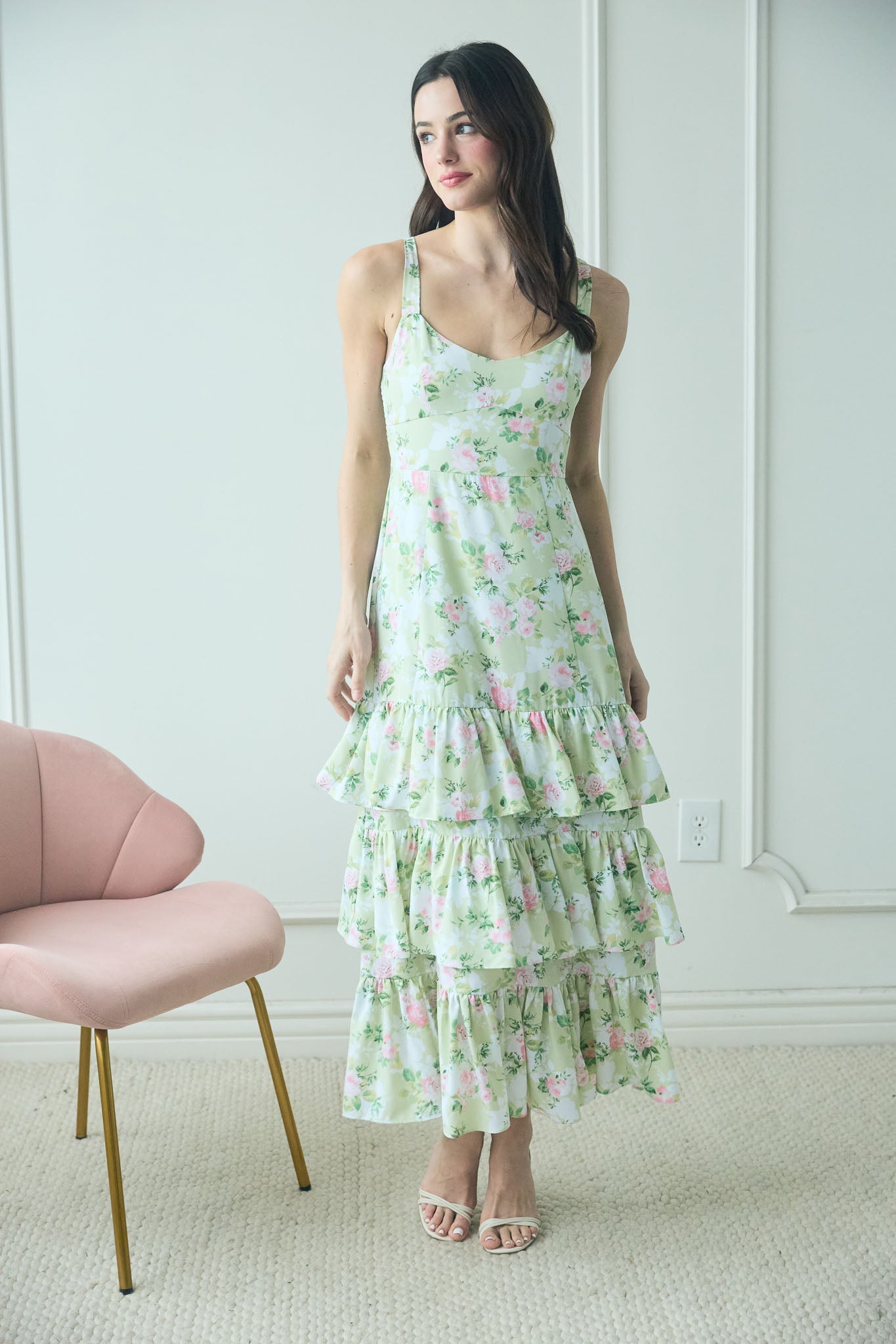 1003 Floral Tiered Hem Midi Dress