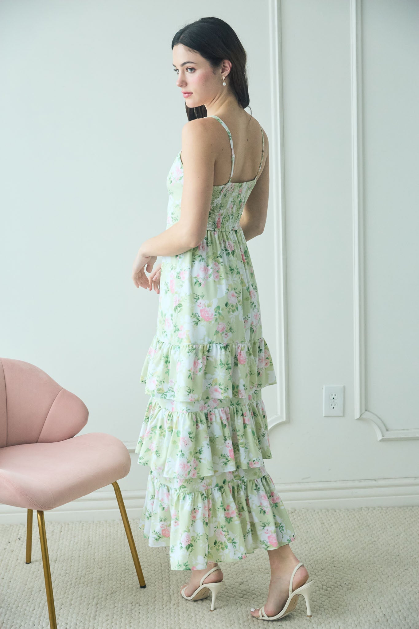1003 Floral Tiered Hem Midi Dress