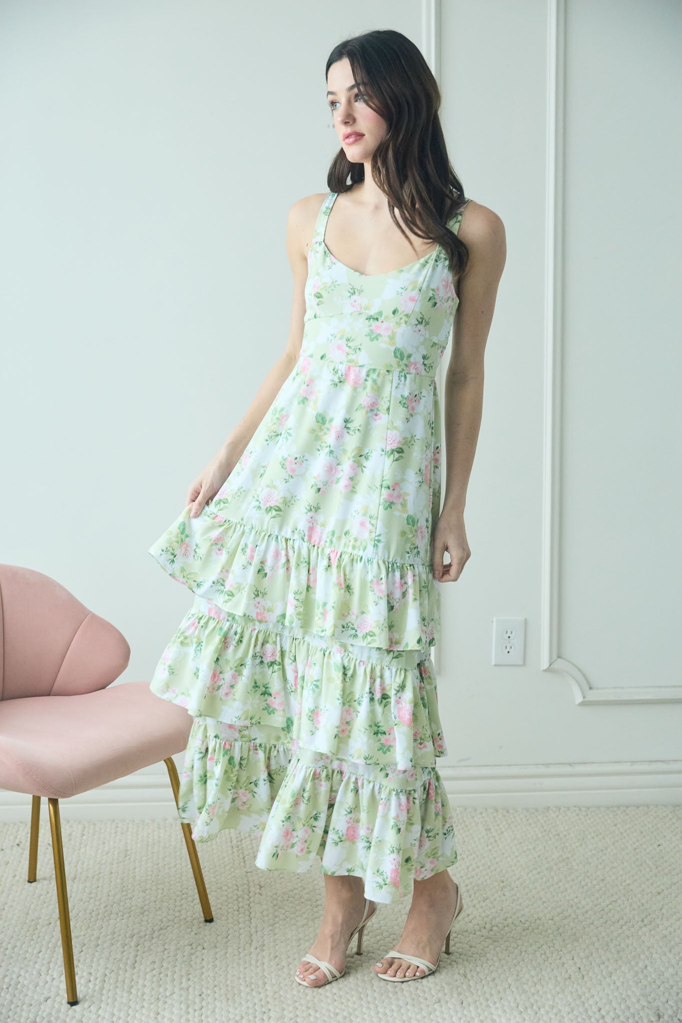 1003 Floral Tiered Hem Midi Dress