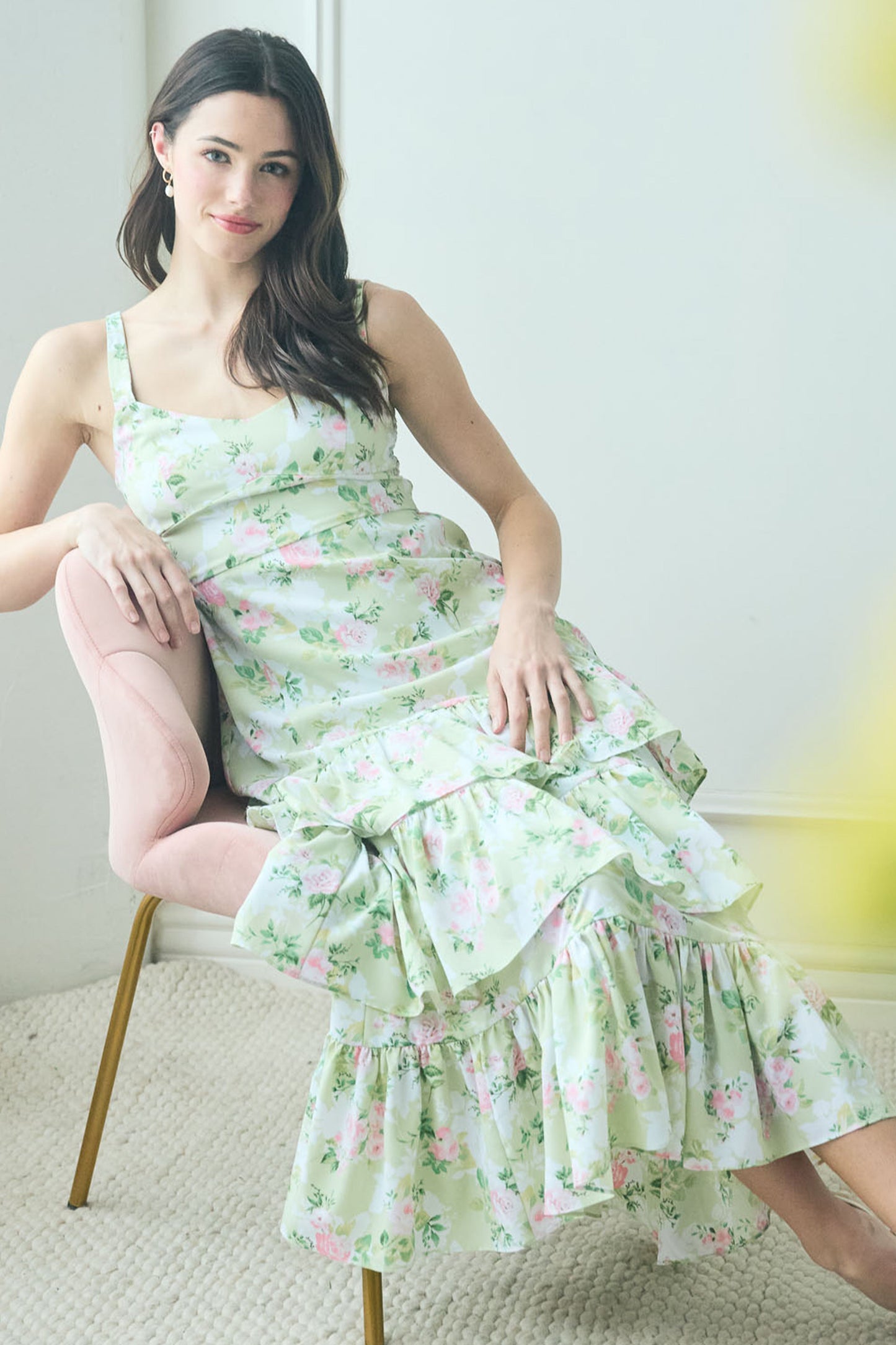 1003 Floral Tiered Hem Midi Dress