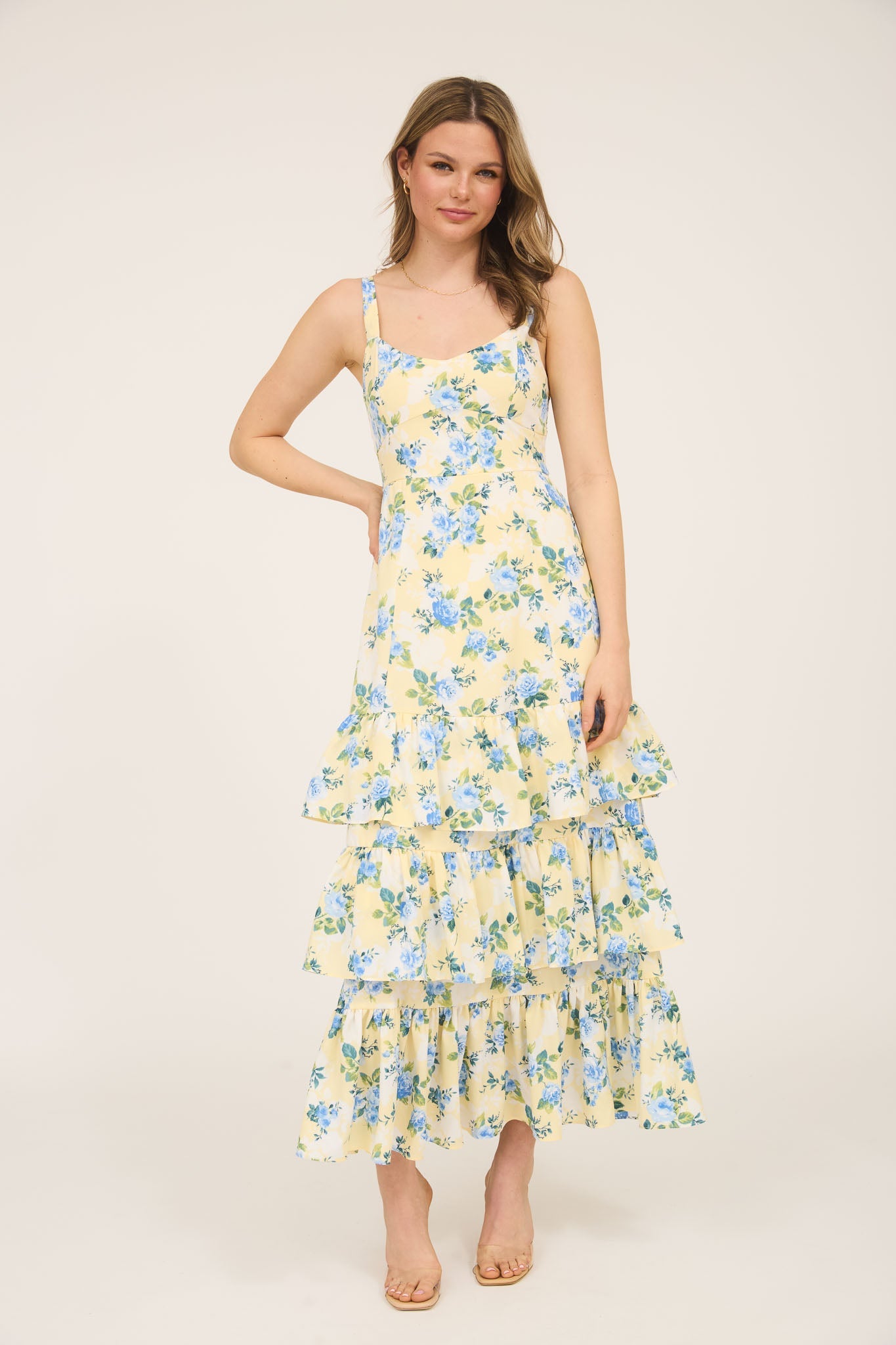 1003 Floral Tiered Hem Midi Dress