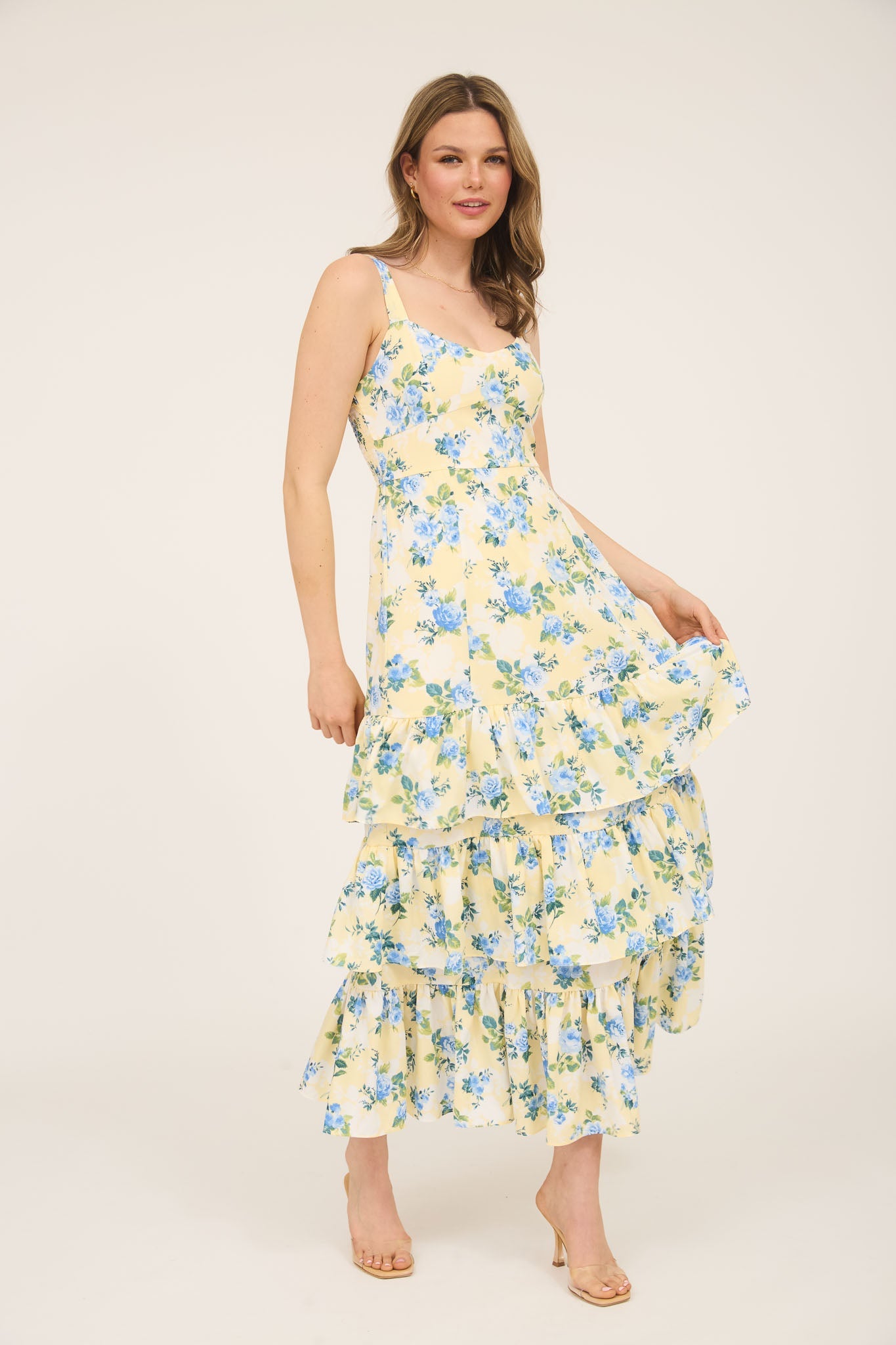 1003 Floral Tiered Hem Midi Dress
