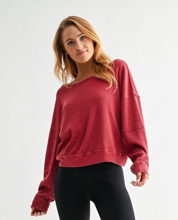 Raw Edge Waffle Knit Pullover