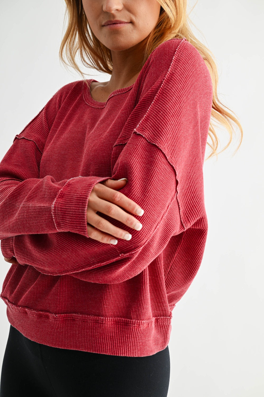 Raw Edge Waffle Knit Pullover