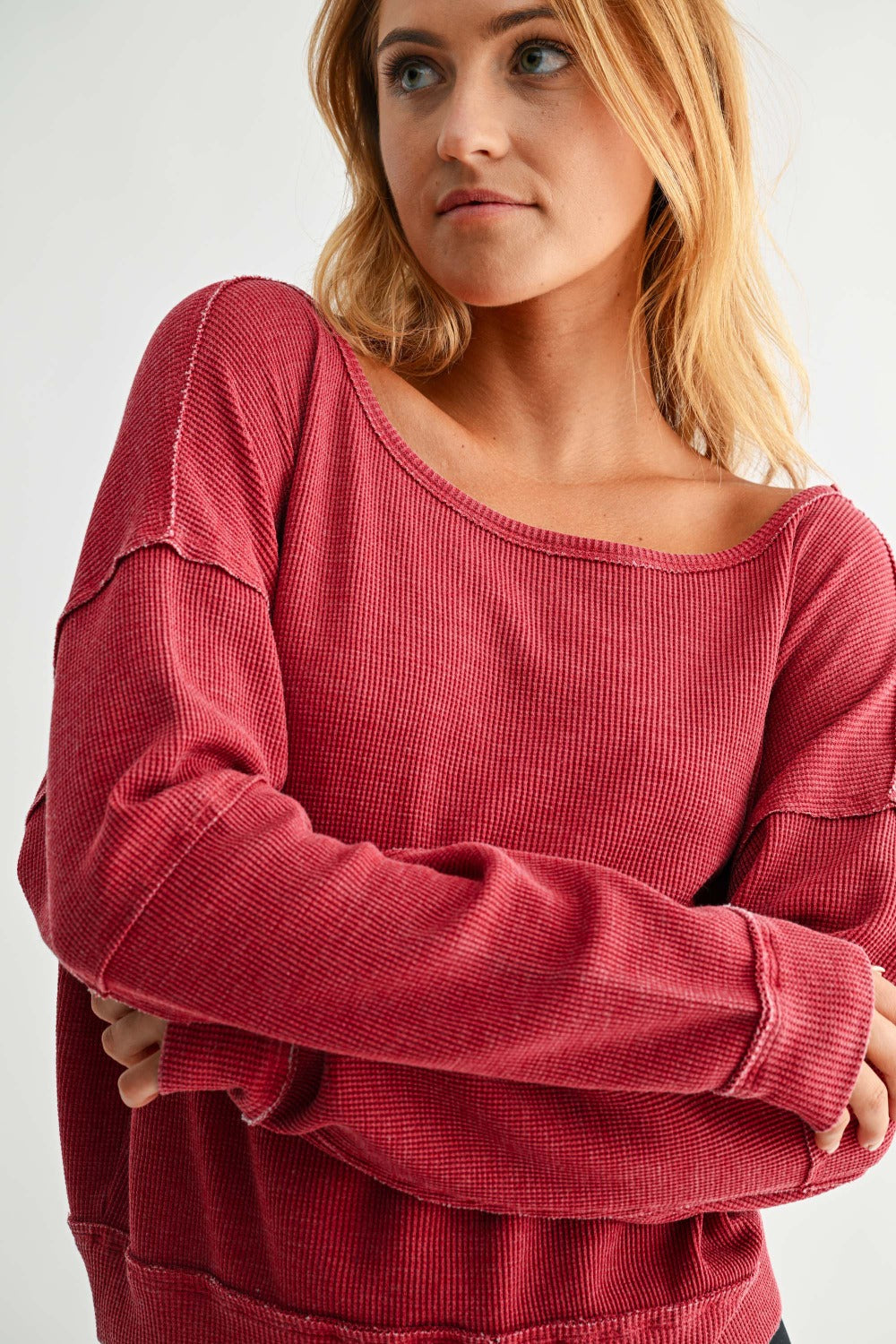 Raw Edge Waffle Knit Pullover