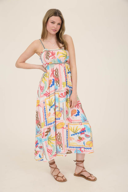 1040 Tropical Print Braid Trim Midi Dress