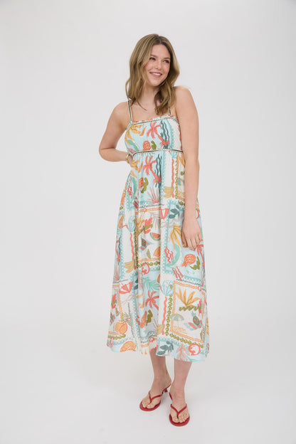 1040 Tropical Print Braid Trim Midi Dress