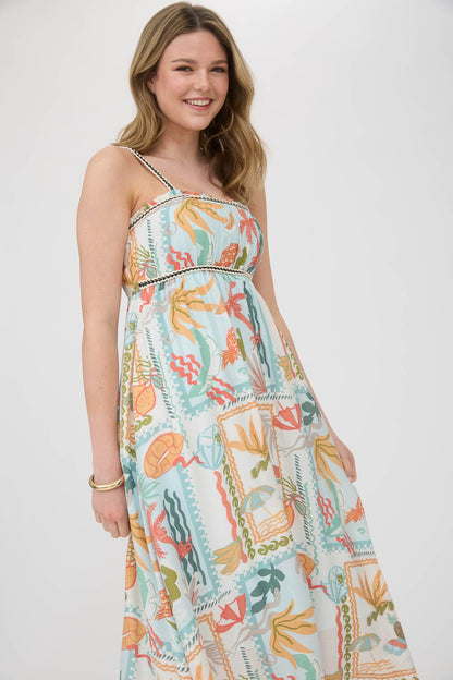 1040 Tropical Print Braid Trim Midi Dress