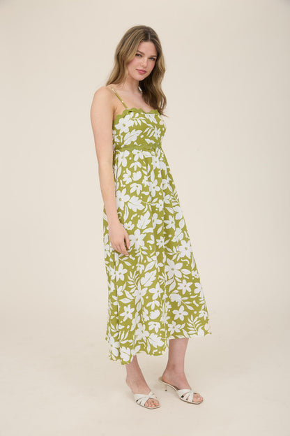 1004 Floral Back Tie Midi Dress