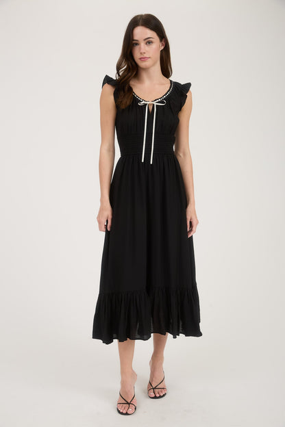 1016 Corset Contrast Ribbon Tie Ruffle Midi Dress