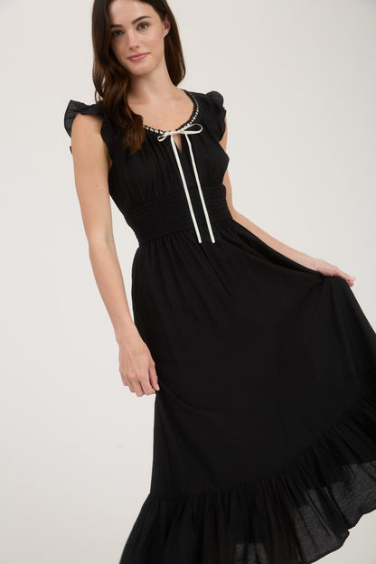 1016 Corset Contrast Ribbon Tie Ruffle Midi Dress